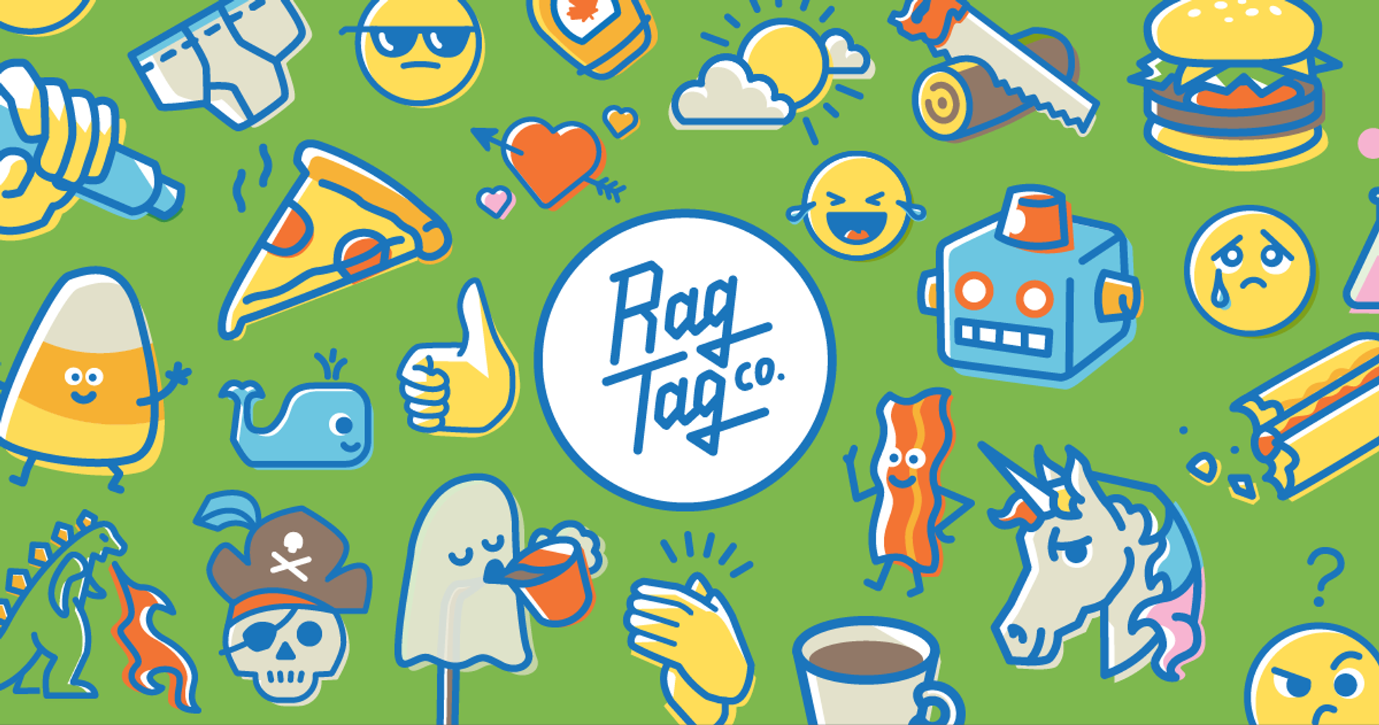Splash screen of a variety of Rag Tag stickers, from dancing candy corn and retro robots to pizza and mic drops
