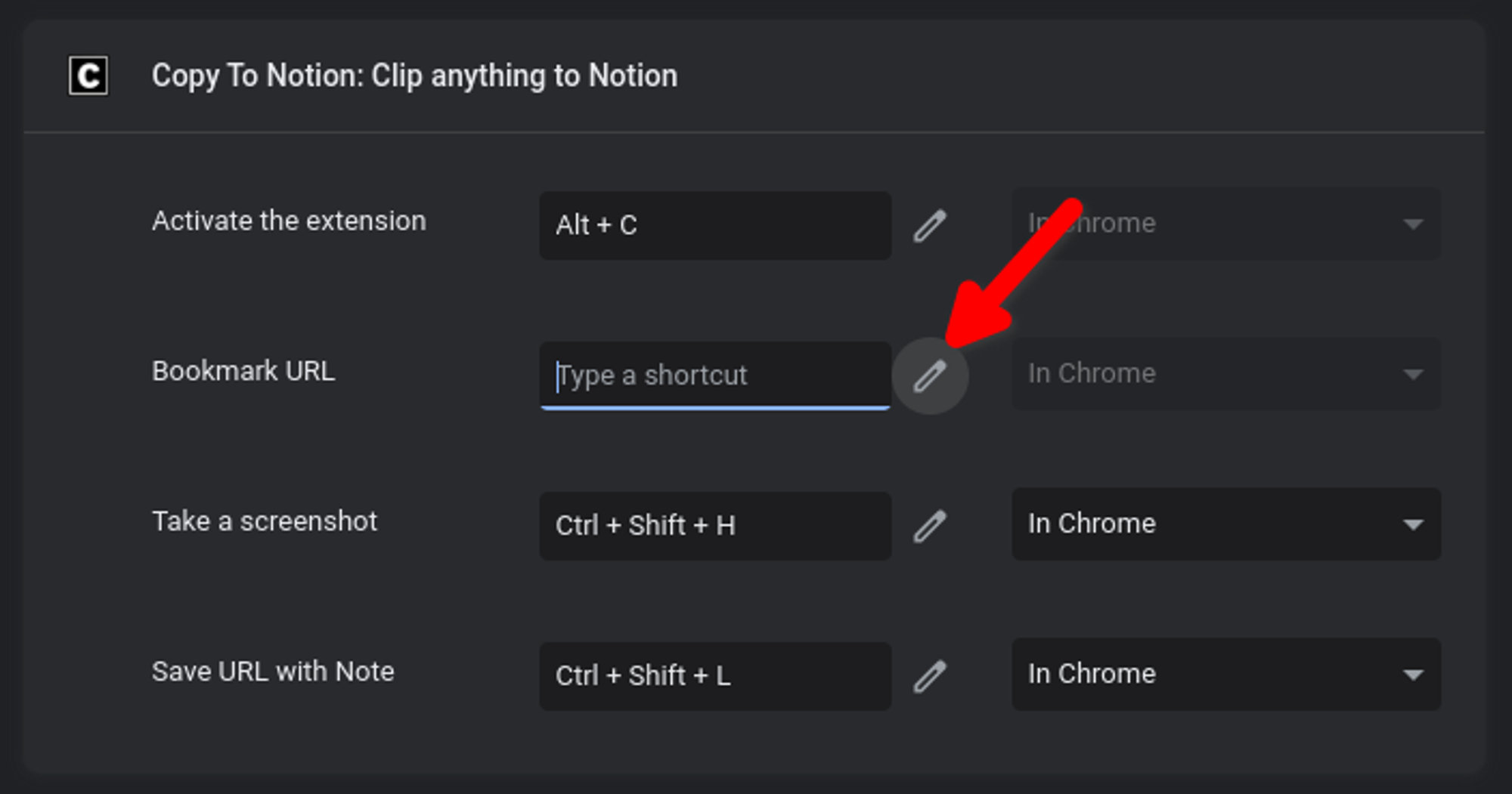 Keyboard shortcuts settings for Copy To Notion web clipper