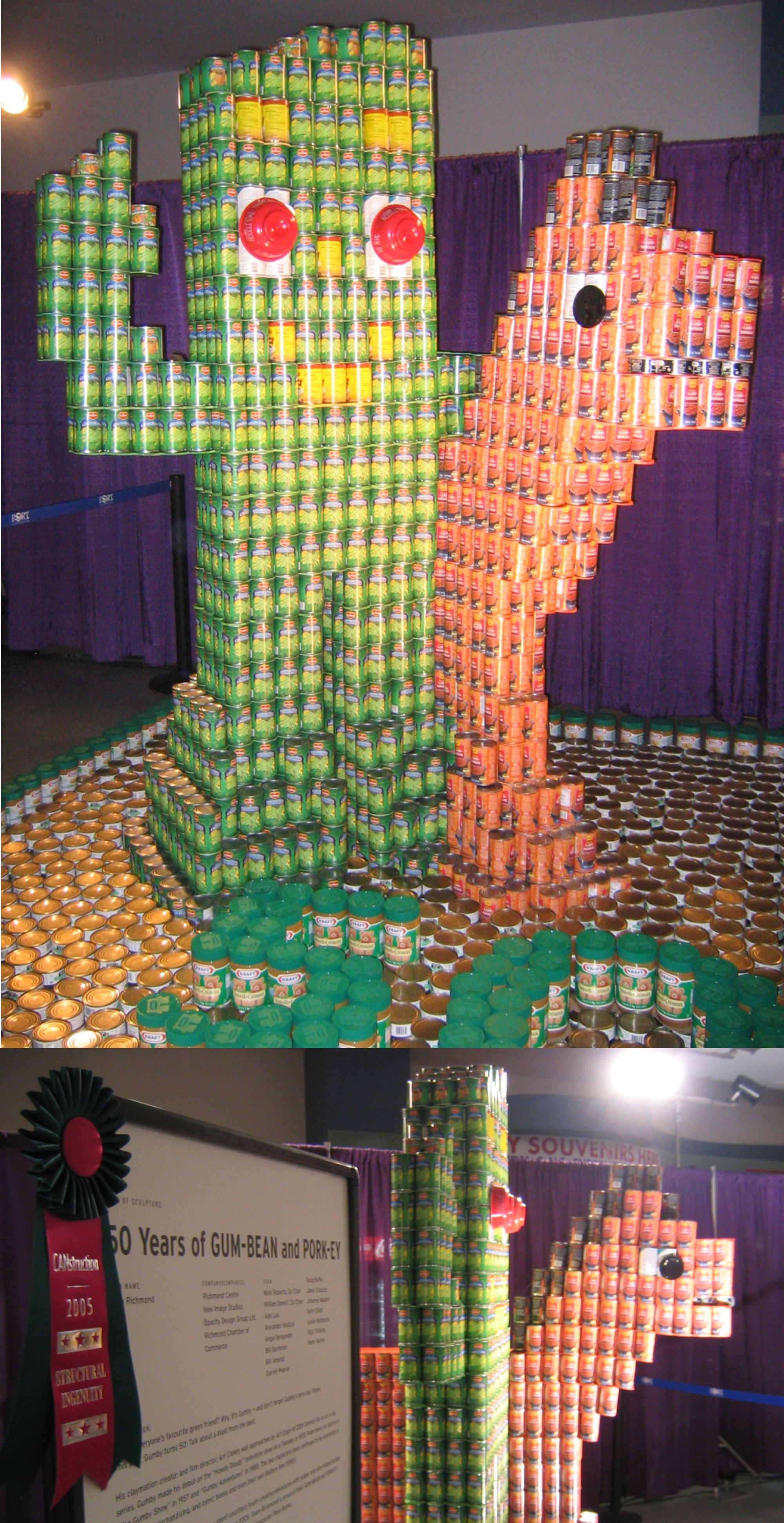Gumby and Pokey sculptures constructed out of cans of beans, pork, and other food items