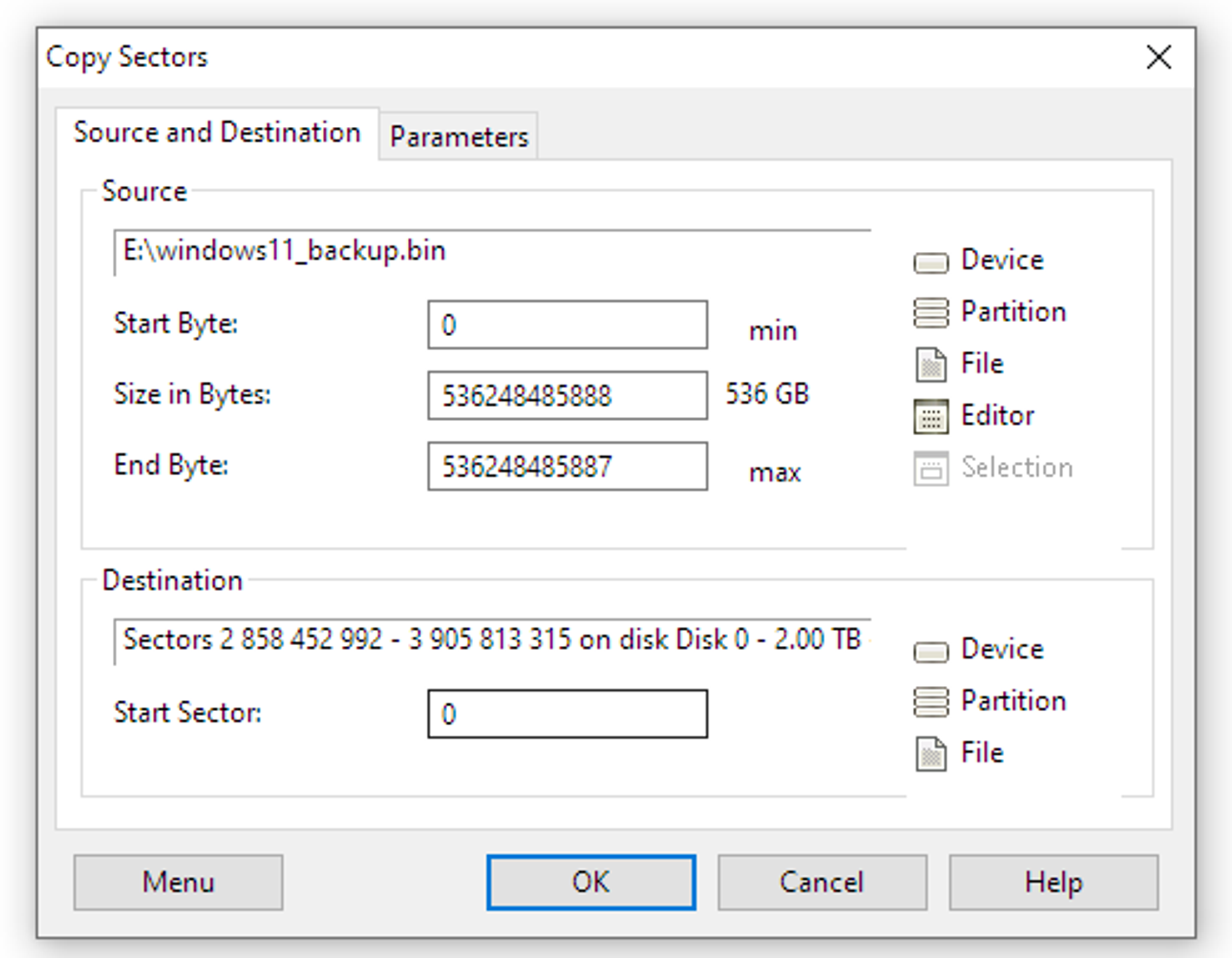 Write .bin image to formatted partition in DMDE