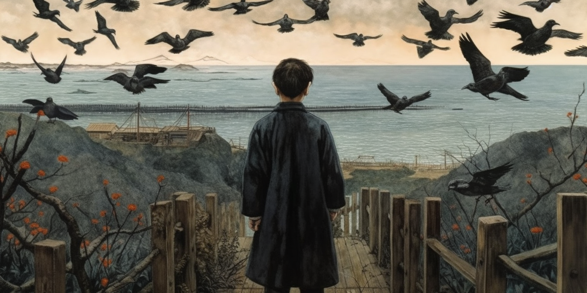 moodyanna_Kafka_by_the_seaside_a_Japanese_boy_with_crows_perche_d10beb49-60b6-4d08-9e42-d260329a0e31.png