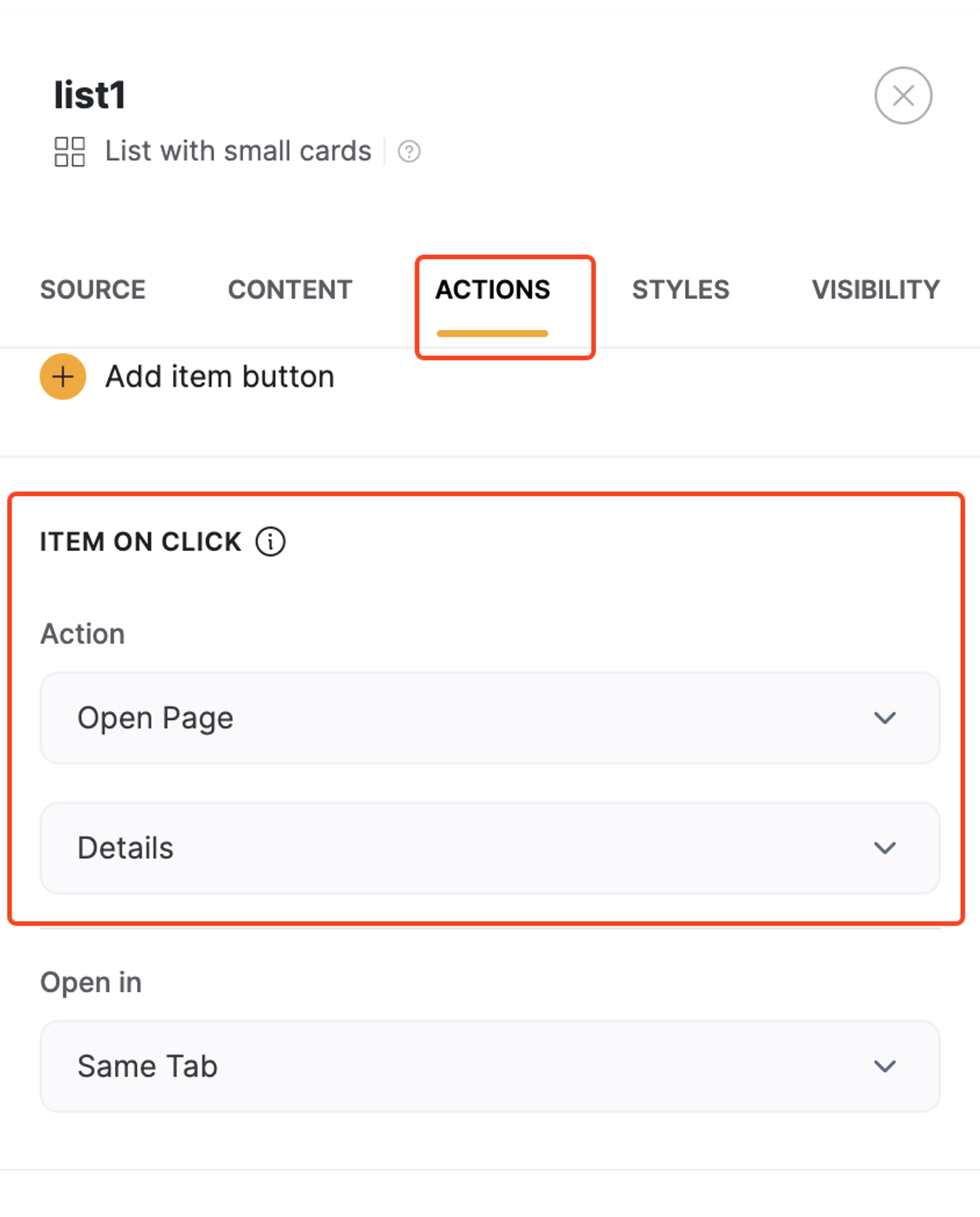 Setting "Open Page" to the list details page