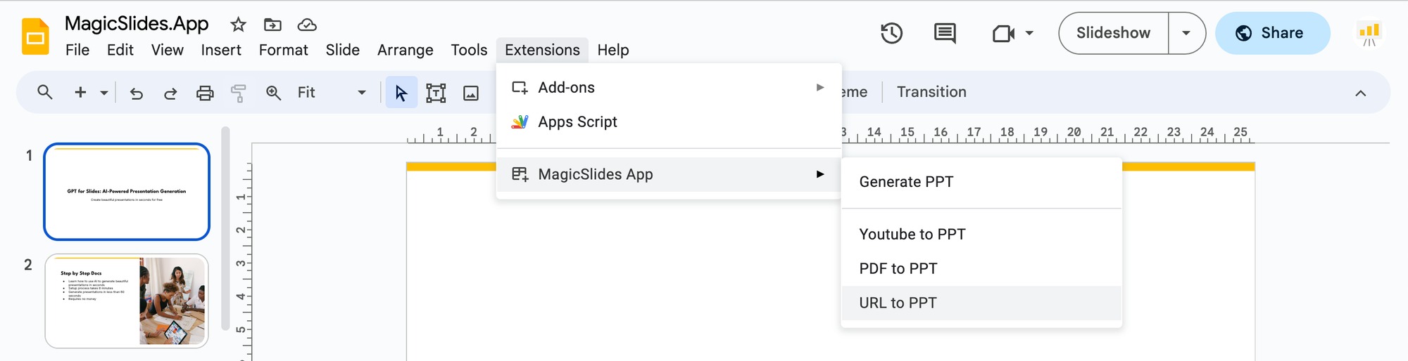 launching MagicSlides app URL to PPT feature