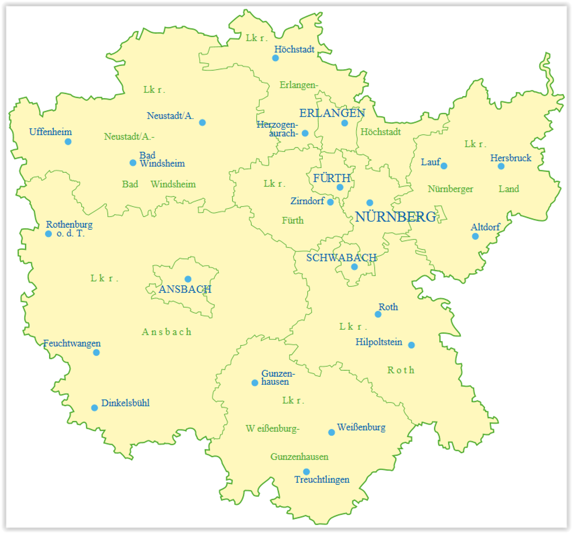 Mittelfranken - разделение на районы (Landkreis)