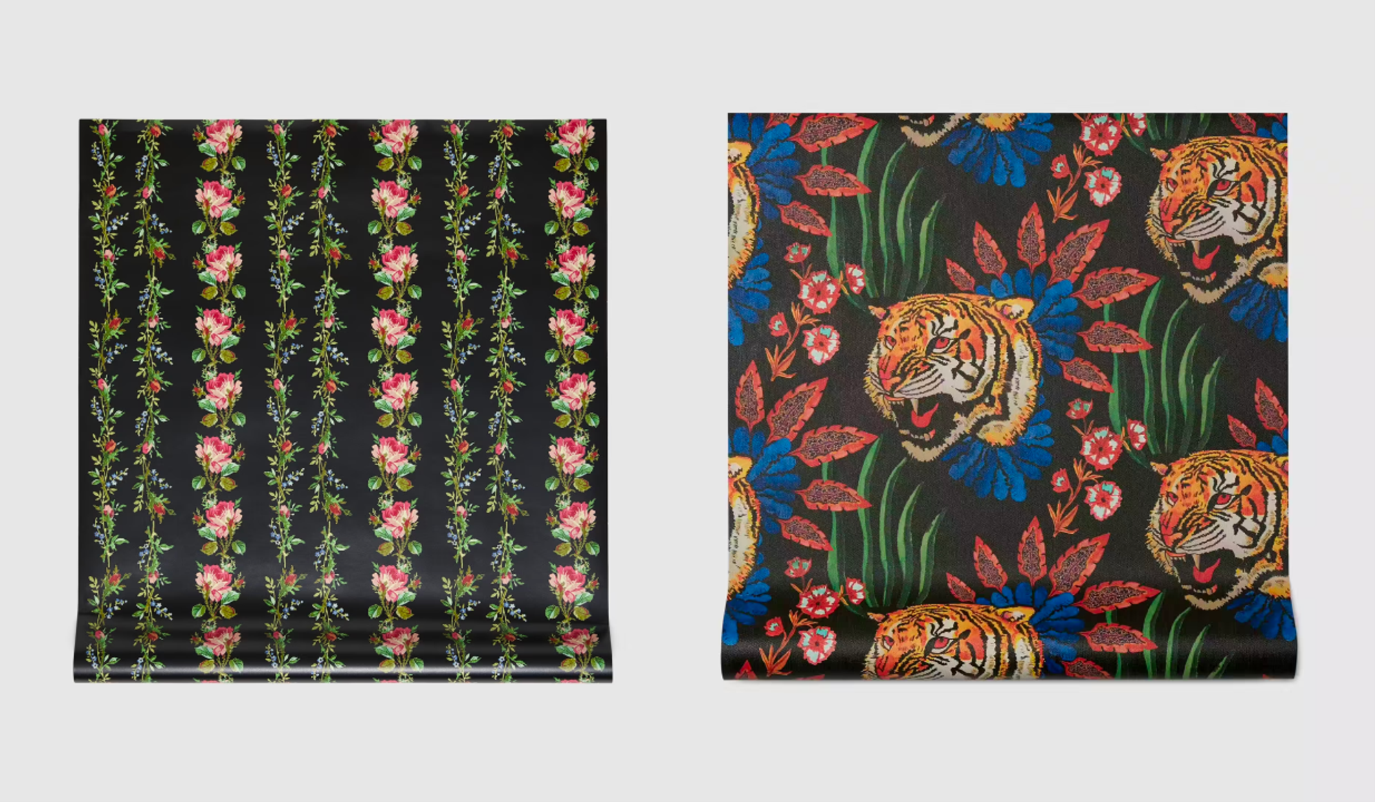 (좌) Roses print wallpaper (우) Tiger Leaf print wallpaper by GUCCI © GUCCI