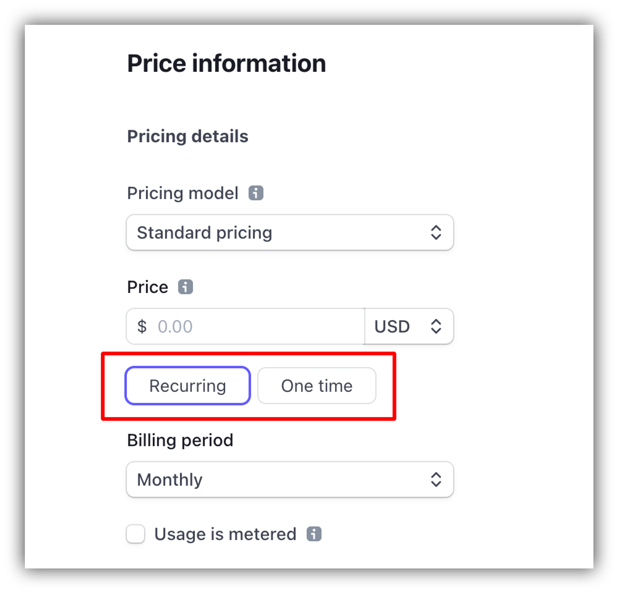 Choosing a product type on Stripe