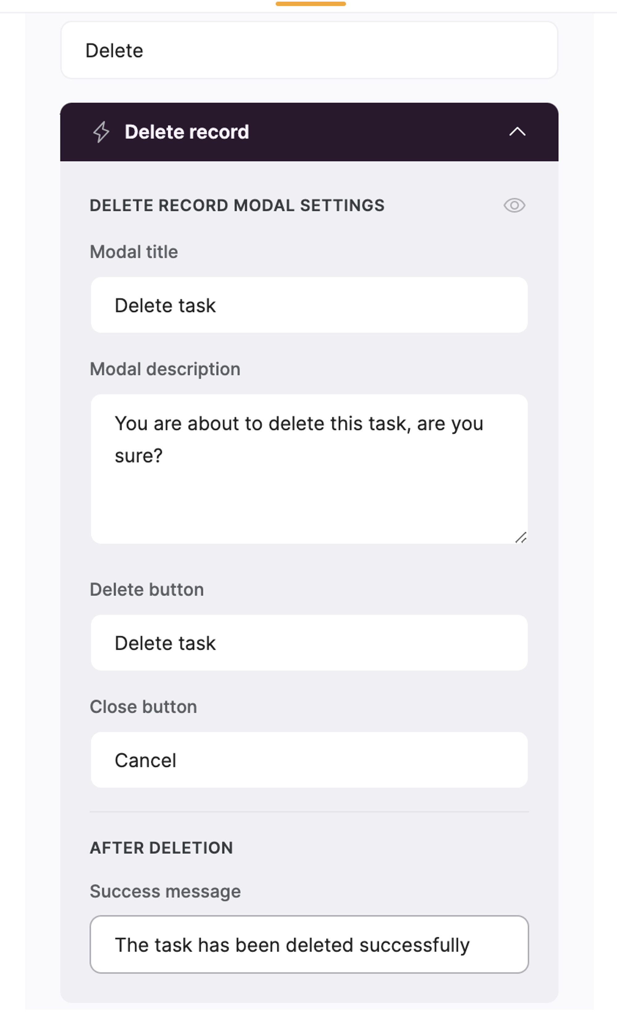 Configuring button and modal labels and other texts