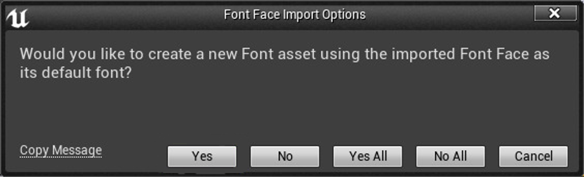 The prompt message shown after dragging/importing a font file to the content browser