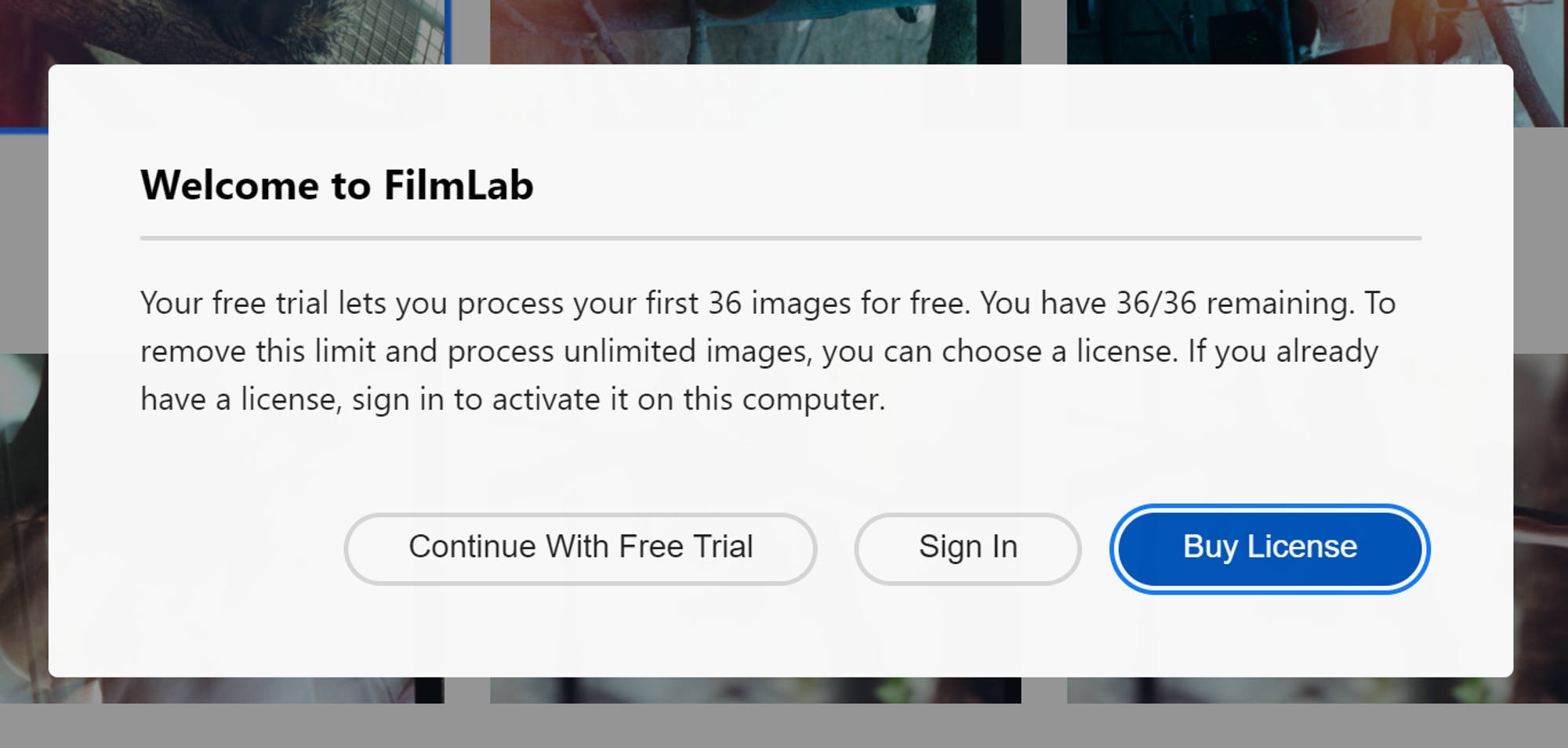 The welcome screen explains FilmLab’s new free trial mode