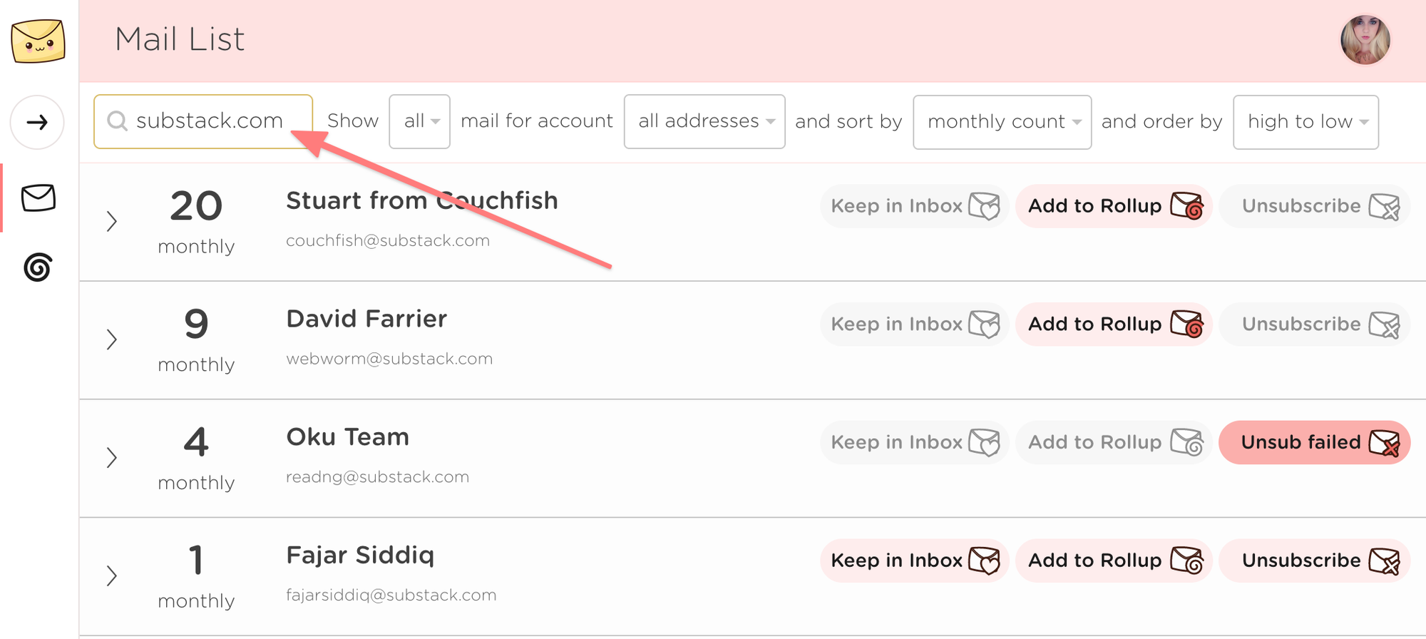 Search the Mail List for emails by email address