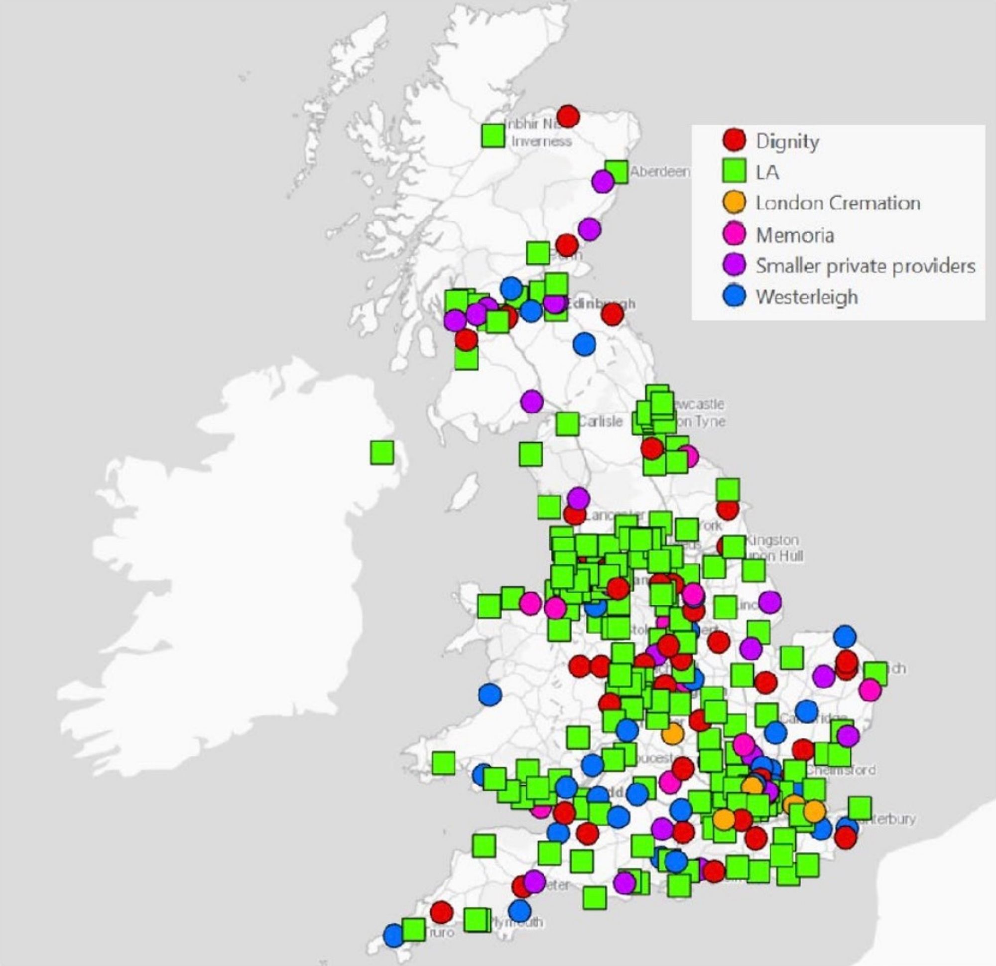 CMA analysis of ICCM data: Map of crematoria in the UK
