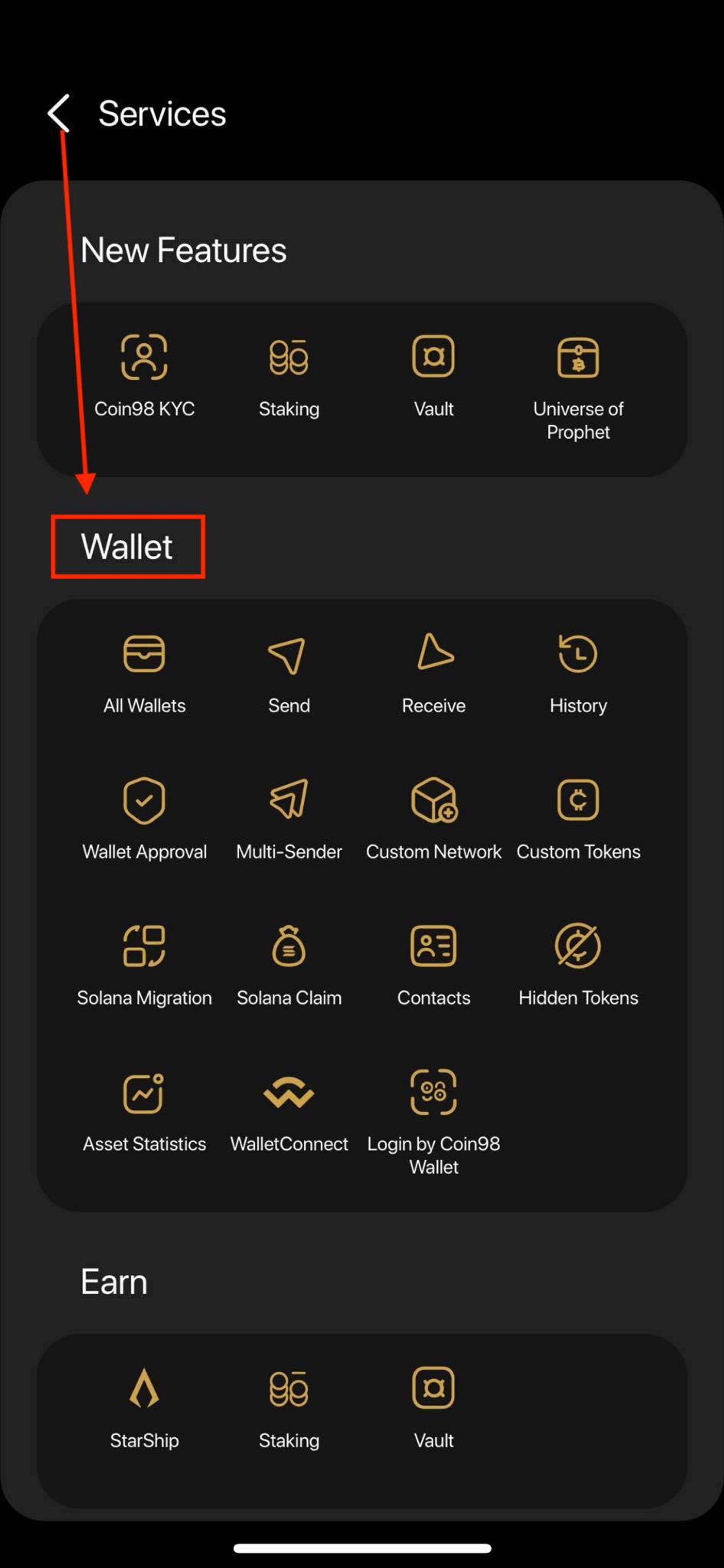 This image shows the location of the Solana Migration button in the Coin98  Wallet. 