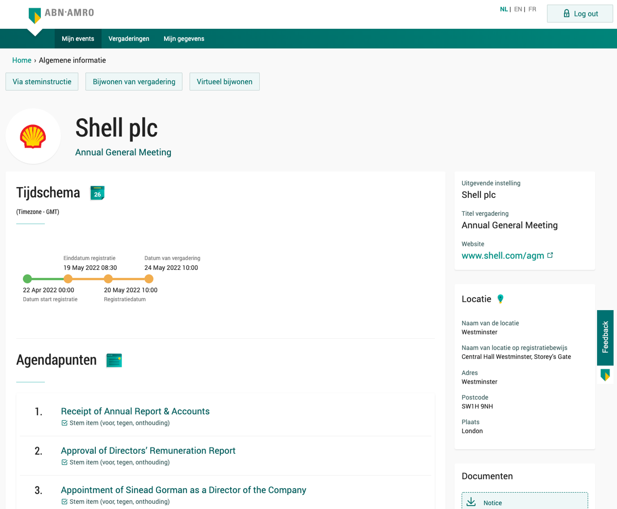 Screenshot van de Shell aandeelhoudersvergadering 24 mei 2022 via Corporate Broking Portal.