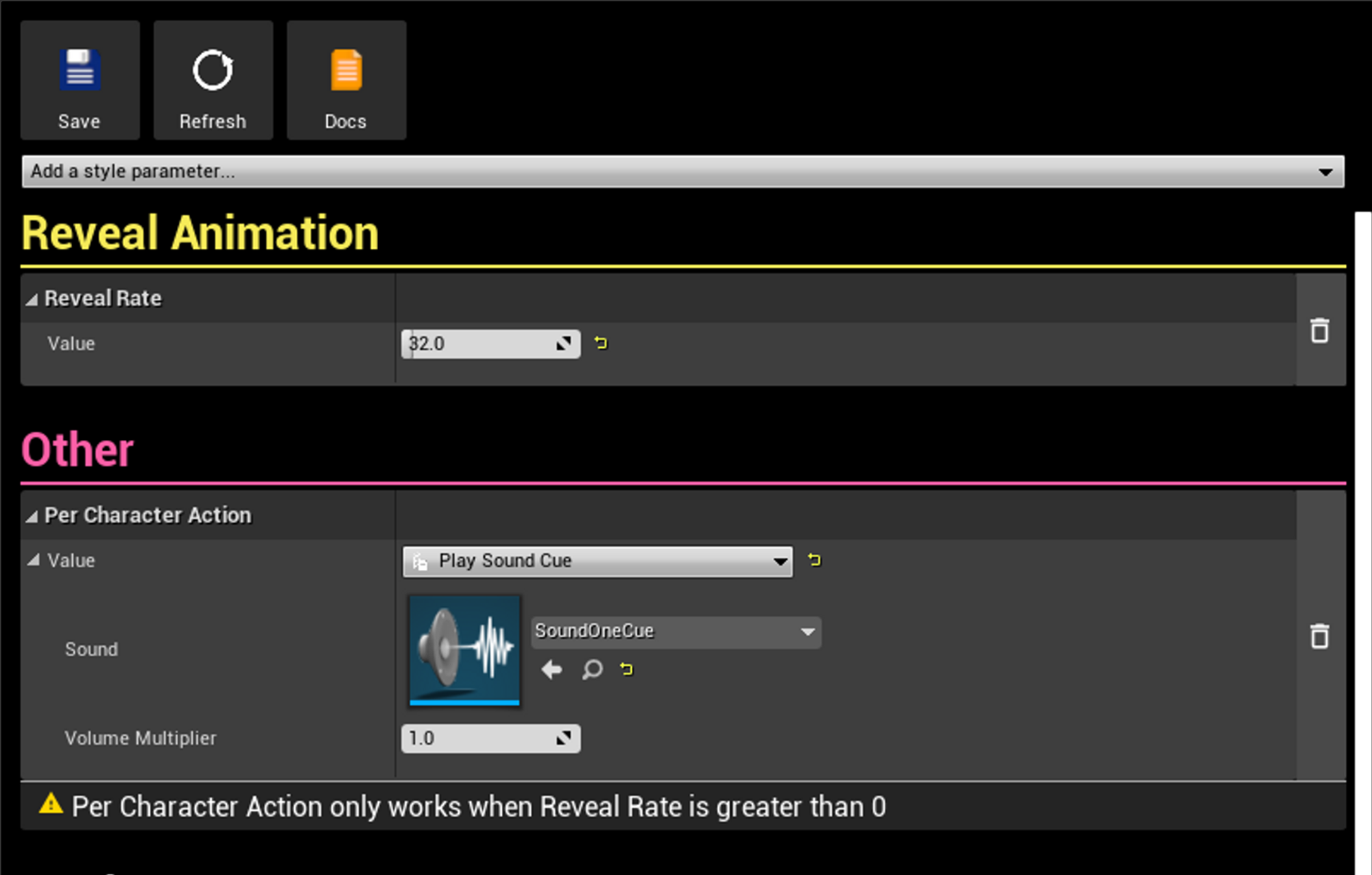 Setting Reveal Rate and Per Character Action on your custom style.
