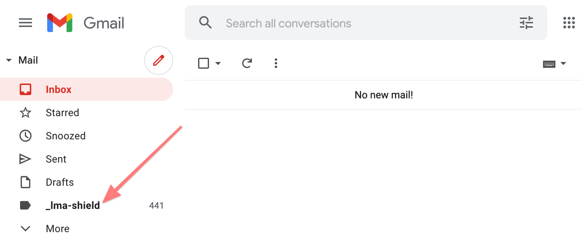Where to find emails blocked by Leave Me Alone Shield in Gmail.