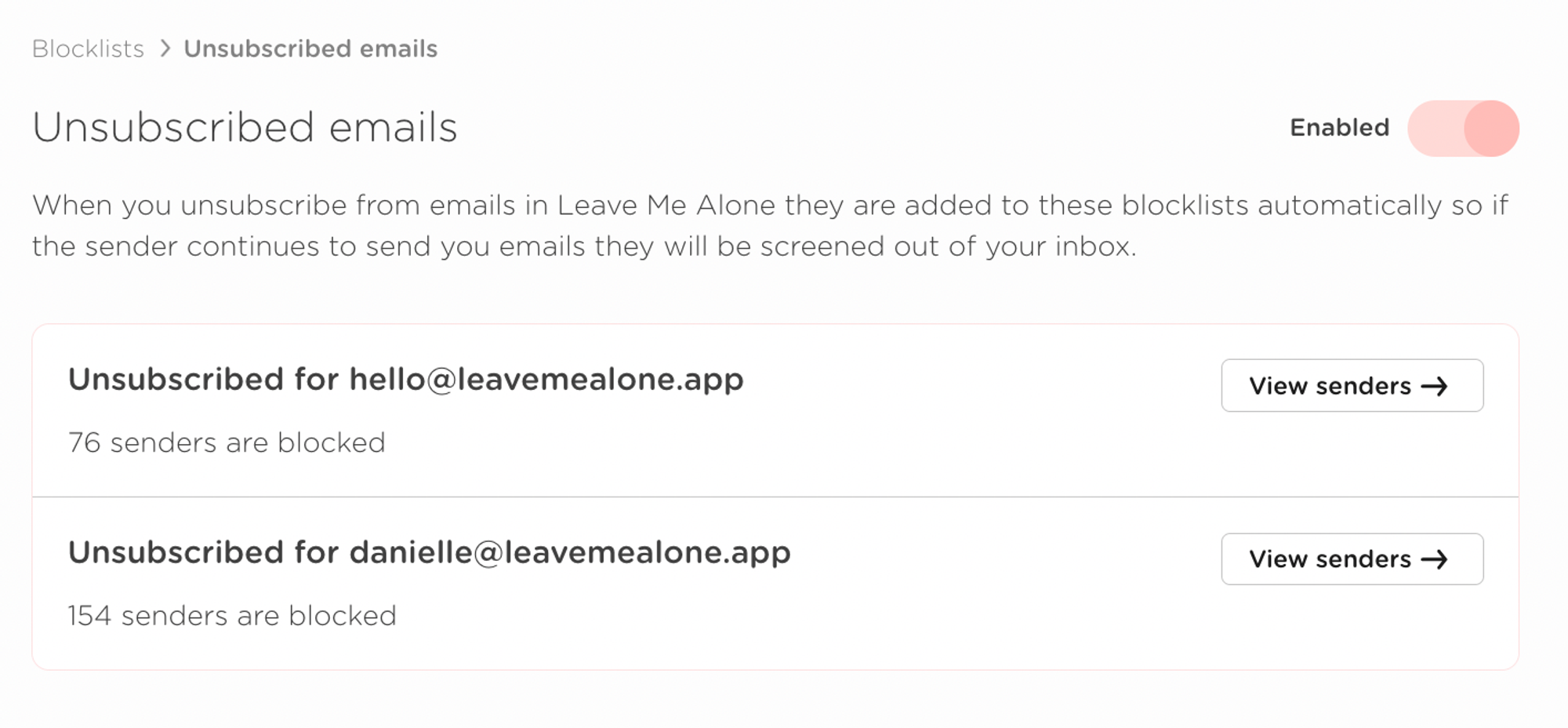 An example of unsubscribed emails blocklists with 2 accounts connected