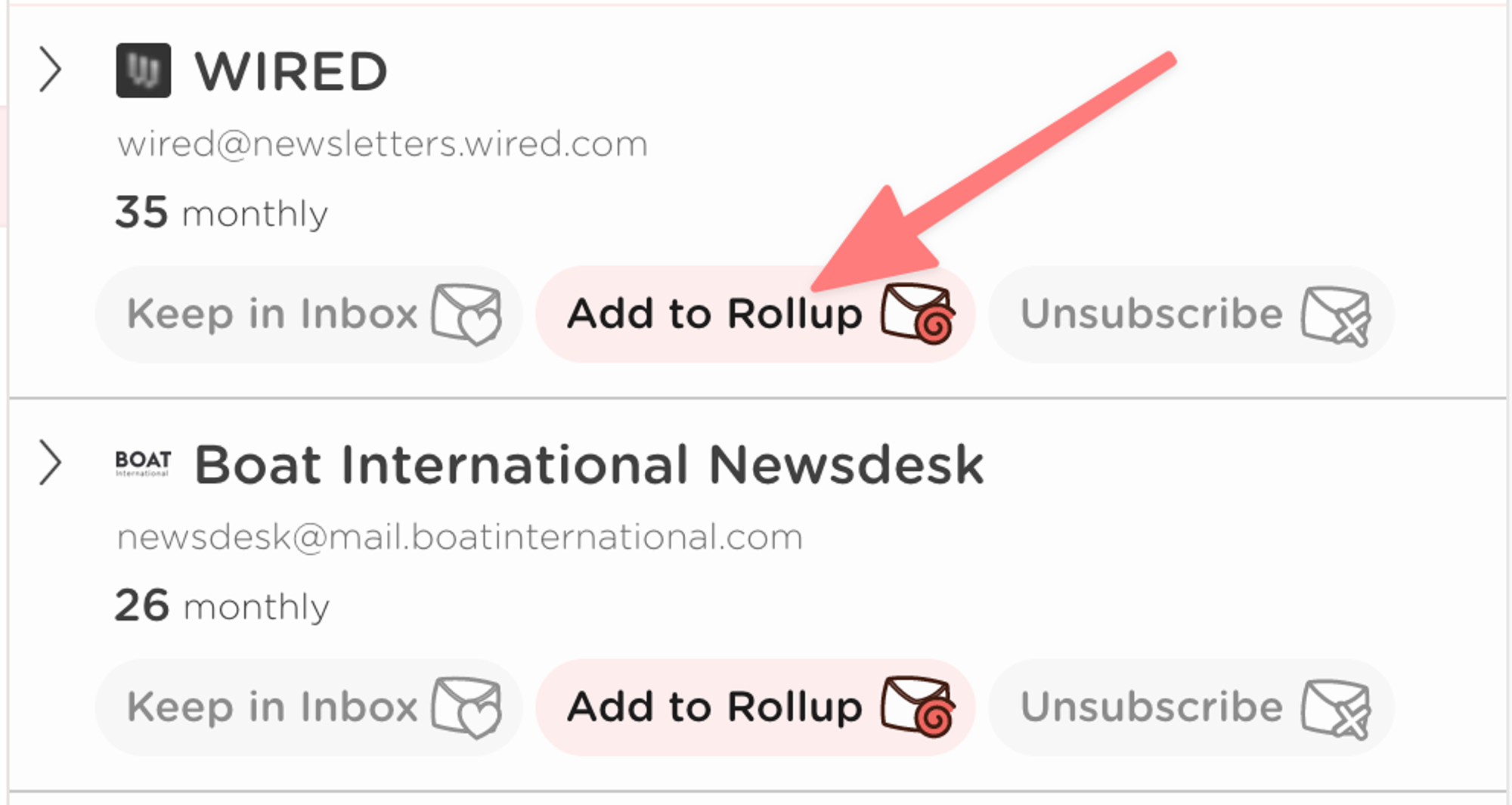 Toggle the "Add to Rollup" button off to remove a sender from your Rollup