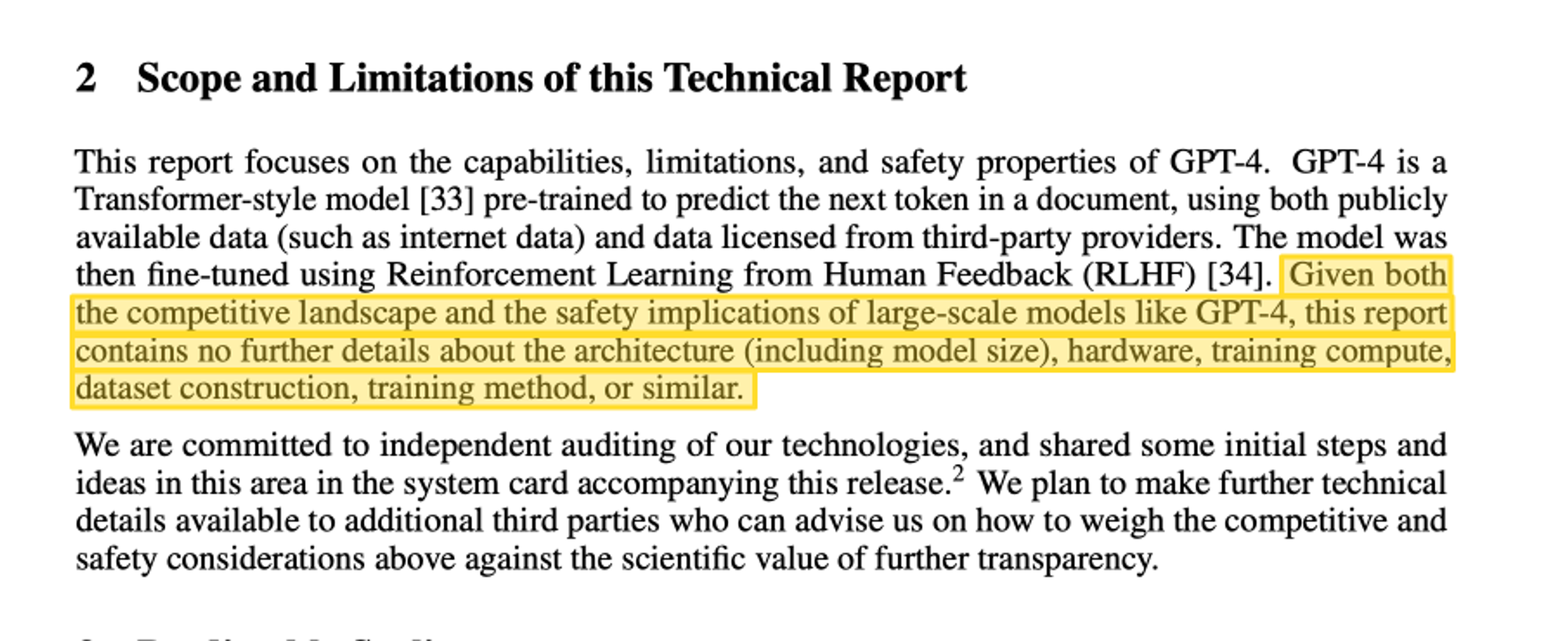 图 4. “鉴于像 GPT-4 这样的大规模模型的竞争状况和安全影响，本报告没有包含关于架构（包括模型大小）、硬件、训练计算、数据集构建、训练方法或类似的进一步细节。”