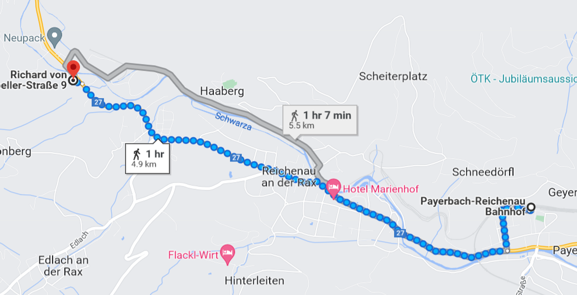 Fastest walking routes from Payerbach-Reichenau Station to the Hub.