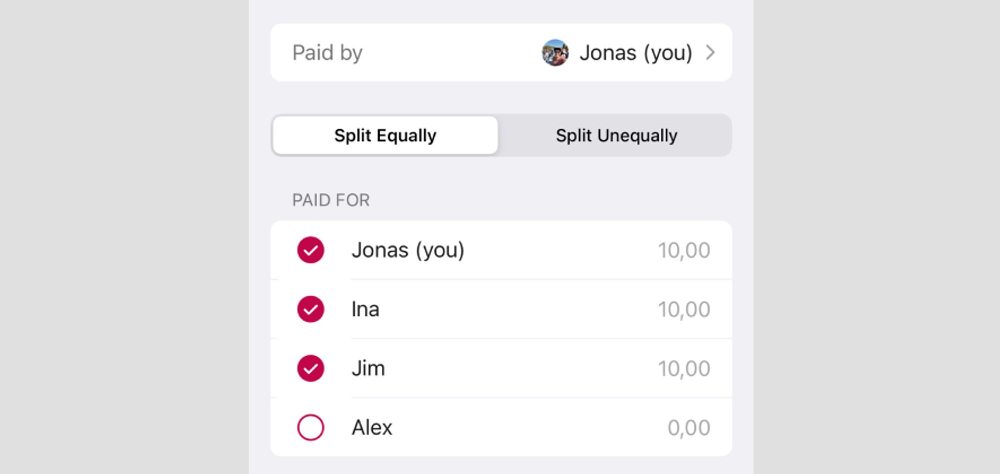 In this example Jonas paid for the expense and it was made for Jonas, Ina and Jim.