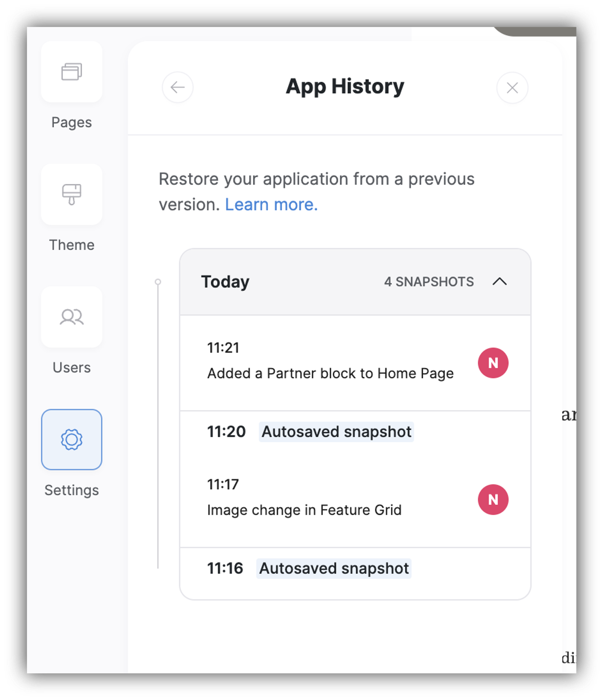 Autosaved and manual snapshots in the App History