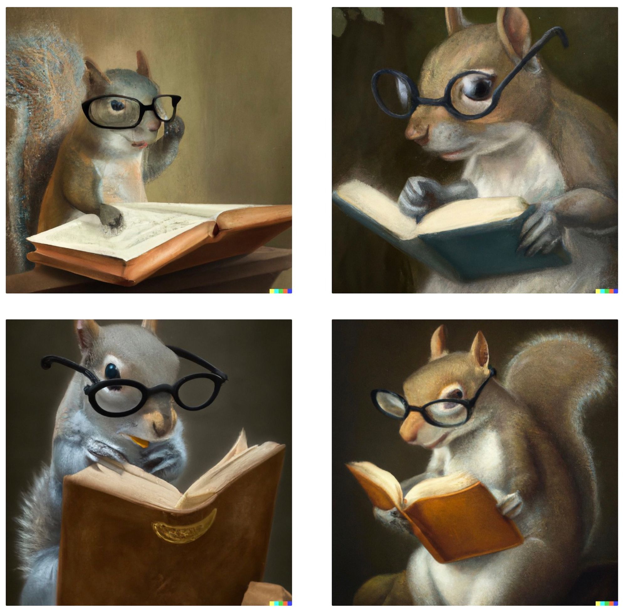 Prompt: “Grey squirrel wearing glasses, reading an open book” by Johannes Vermeer.