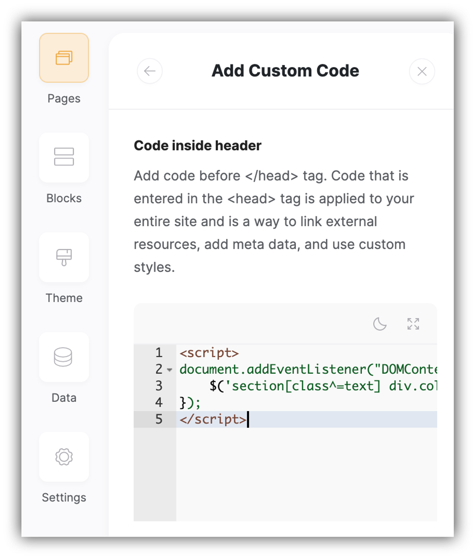 Custom code added to page header