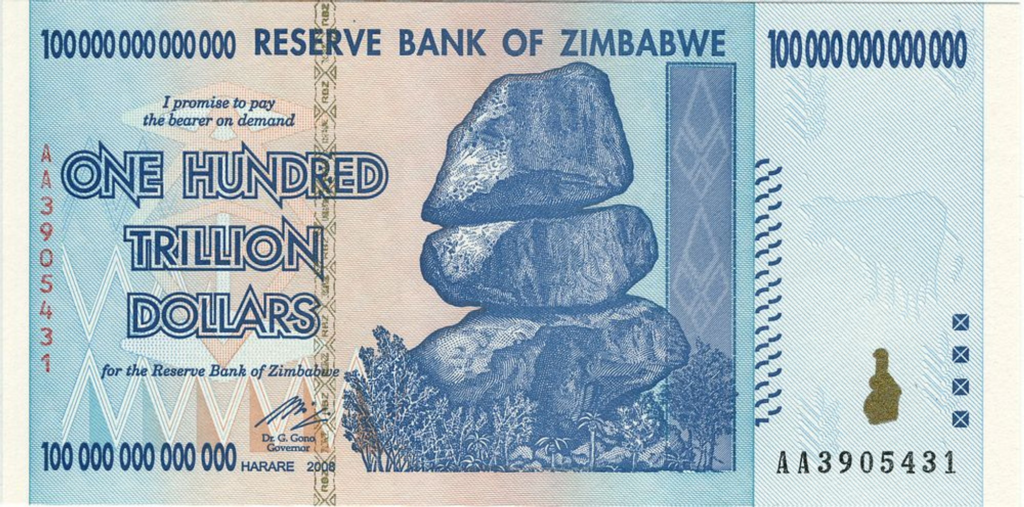 짐바브웨의 초 하이퍼 인플레이션으로 발행 되었던 100조 짐브바브웨달러  
(3달러면 교환 가능했다고 한다.)