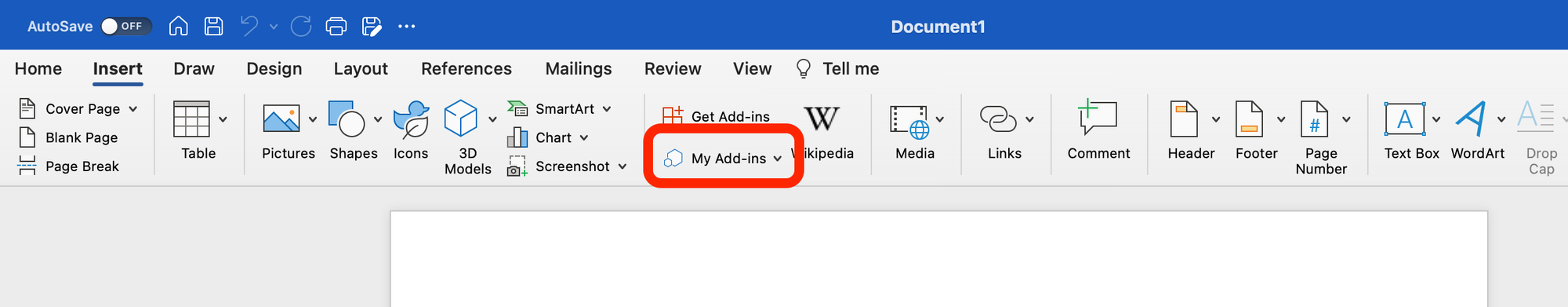 Finding the My Add-ins button in Word