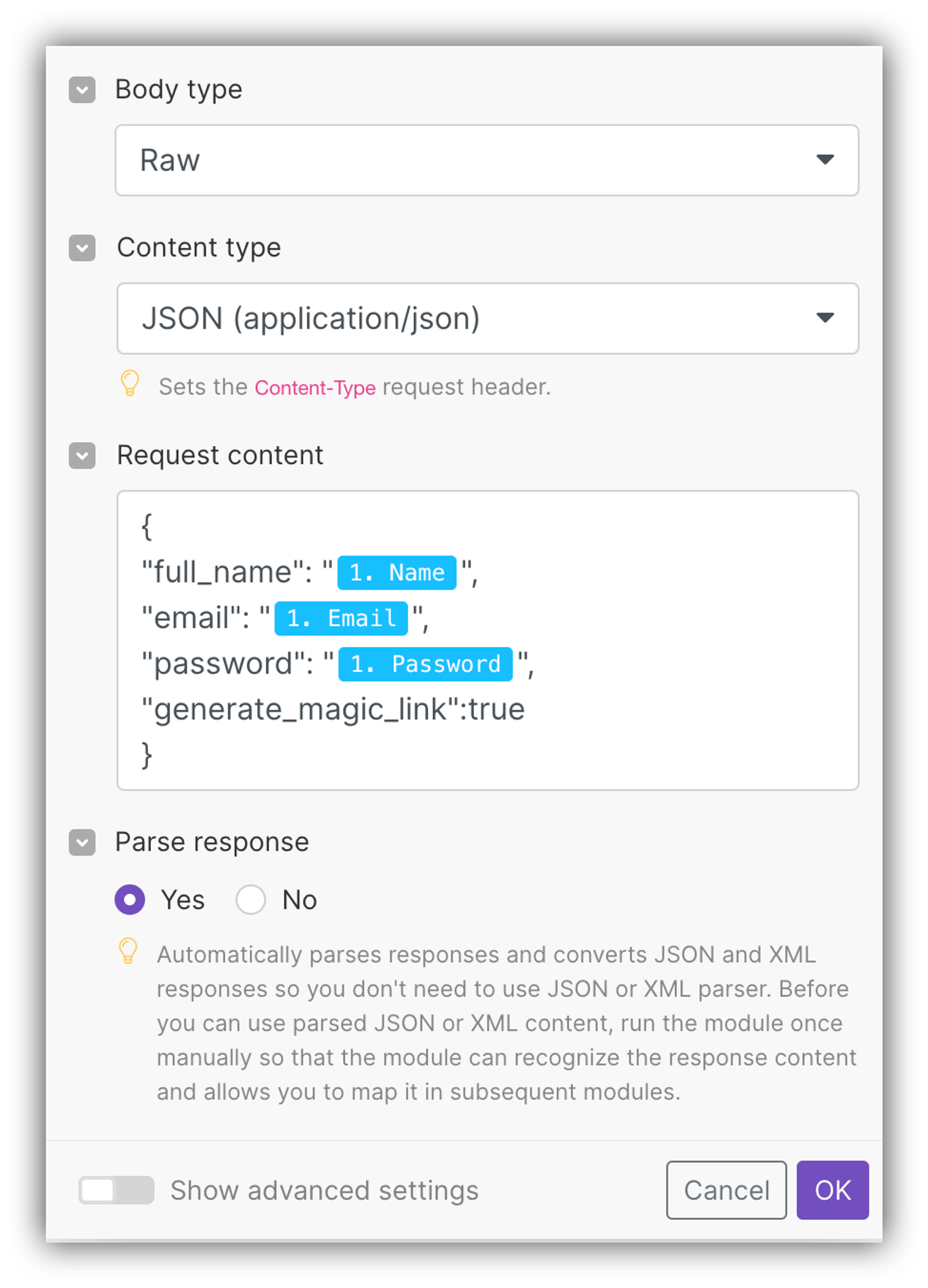 Configuring Body and Content types and adding Request content
