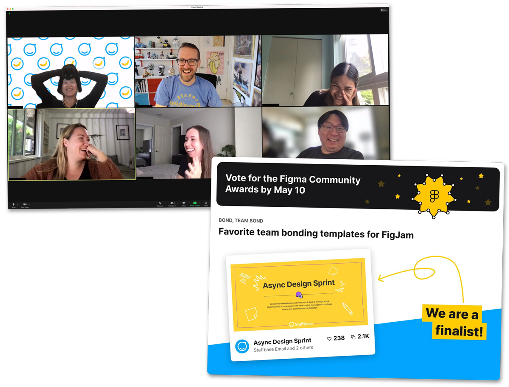 Screenshot of our design team laughing in Zoom with our Async Design Sprint finalist announcement overlayed on top