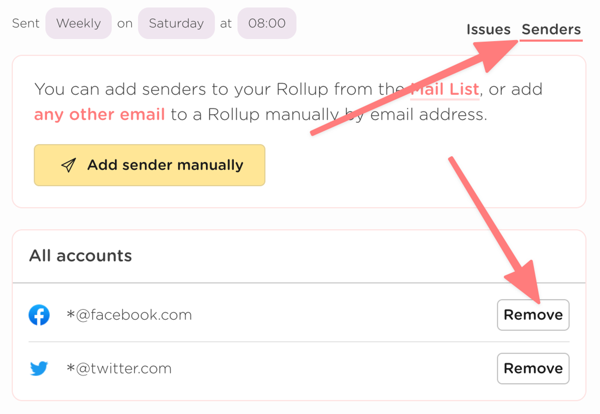 Navigate to the senders list and click "Remove"