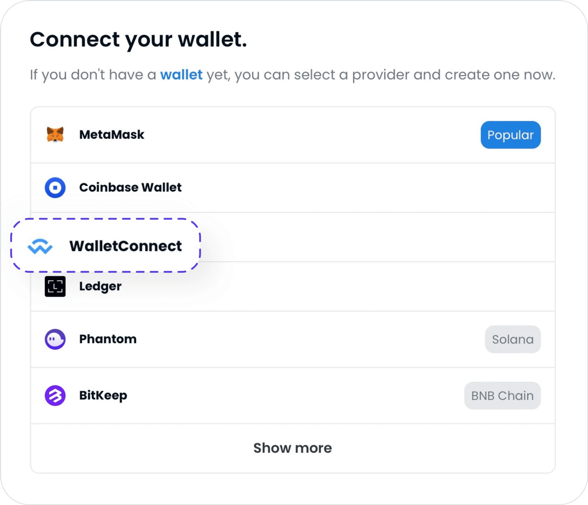 오픈씨에서 지갑을 연결하는 페이지. 부리또월렛을 연결하기 위해서는 ‘Wallet Connect’를 누름.