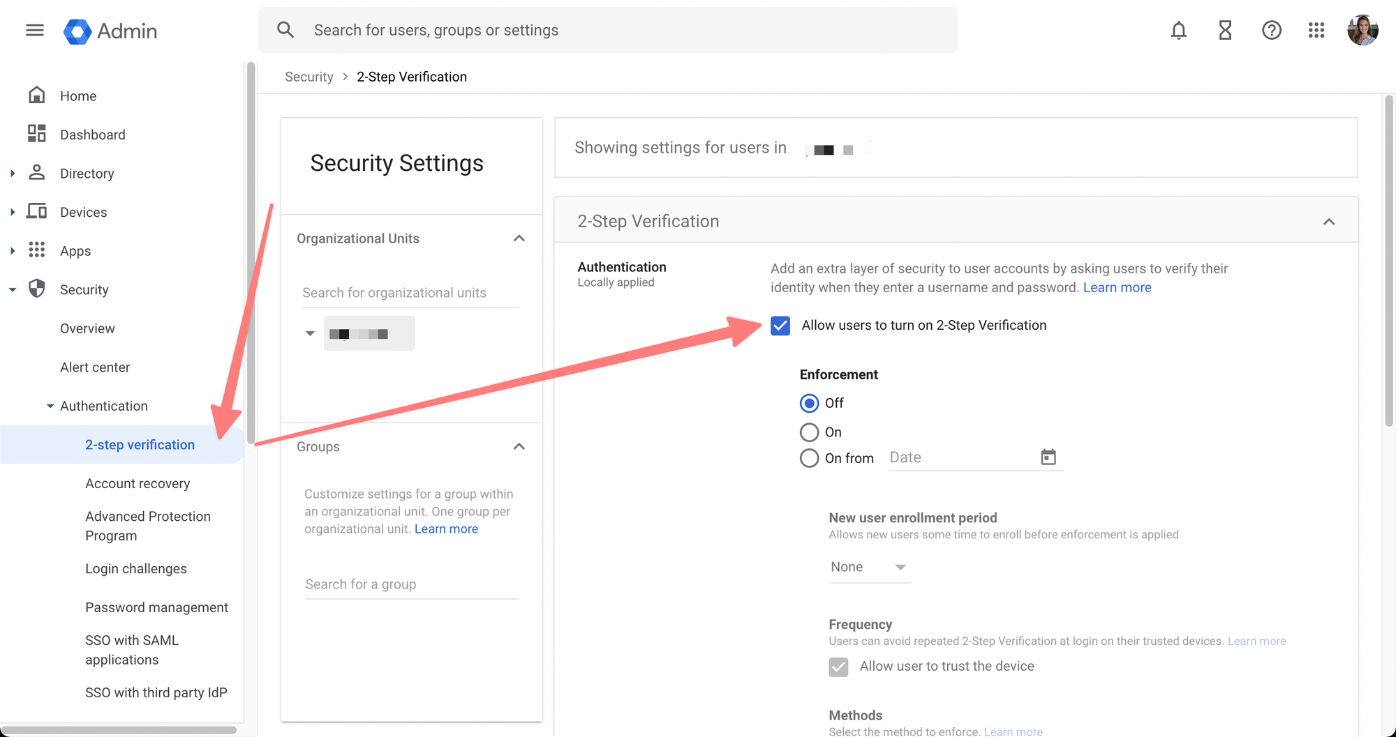 Steps to allow enabling 2FA in Google Workspace Admin dashboard