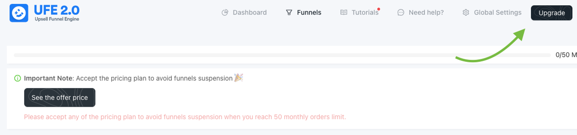 Upgrade plan in Upsell Funnel Engine