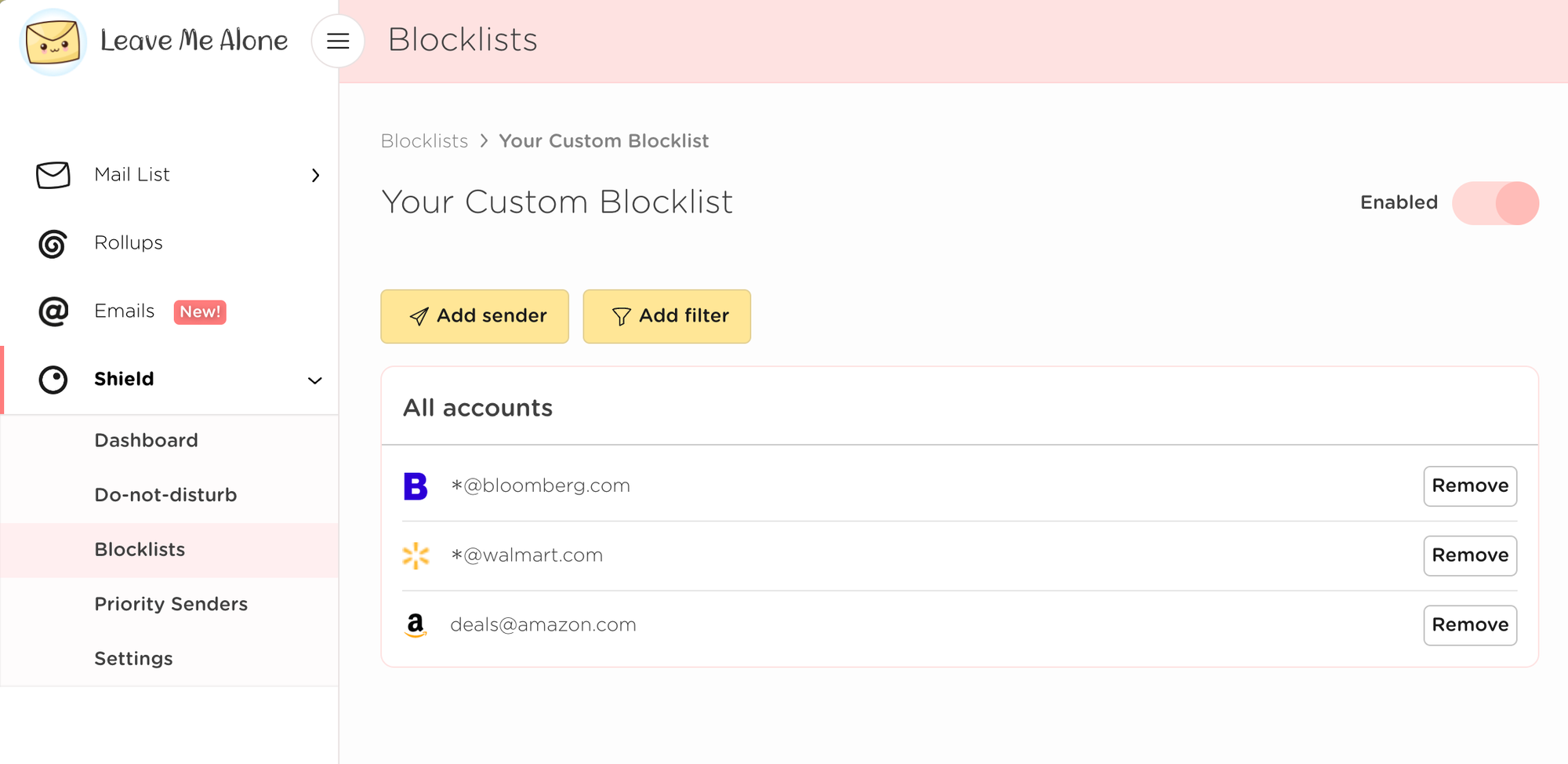An example of the custom blocklist with domains and email addresses blocked.