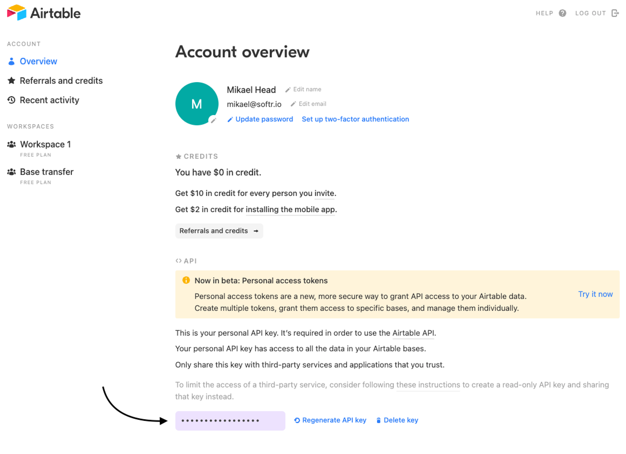 API key in Airtable Account overview page