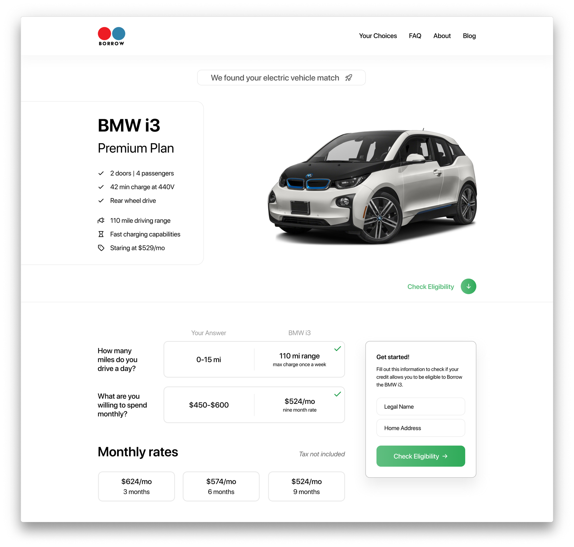 Example product page shown to user after completing the EV quiz.