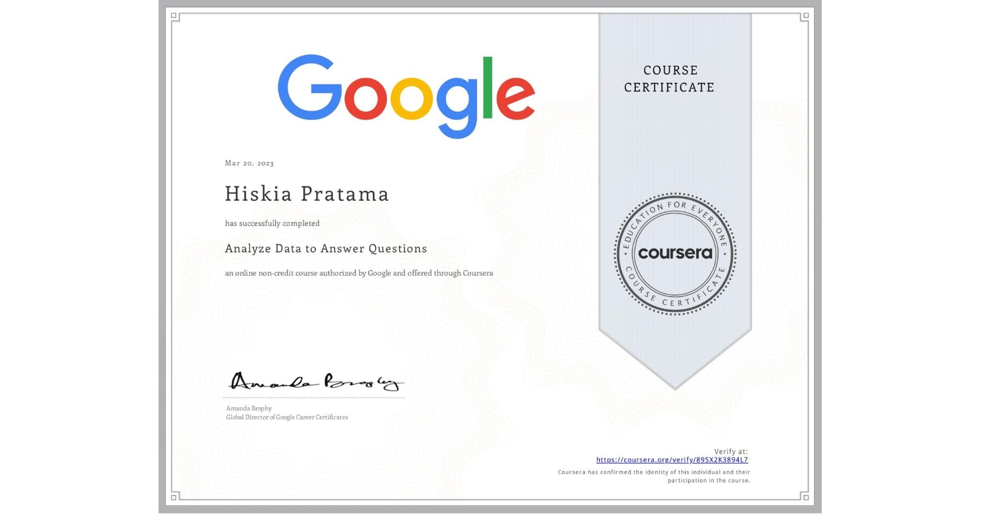 Completion Certificate for Analyze Data to Answer Questions