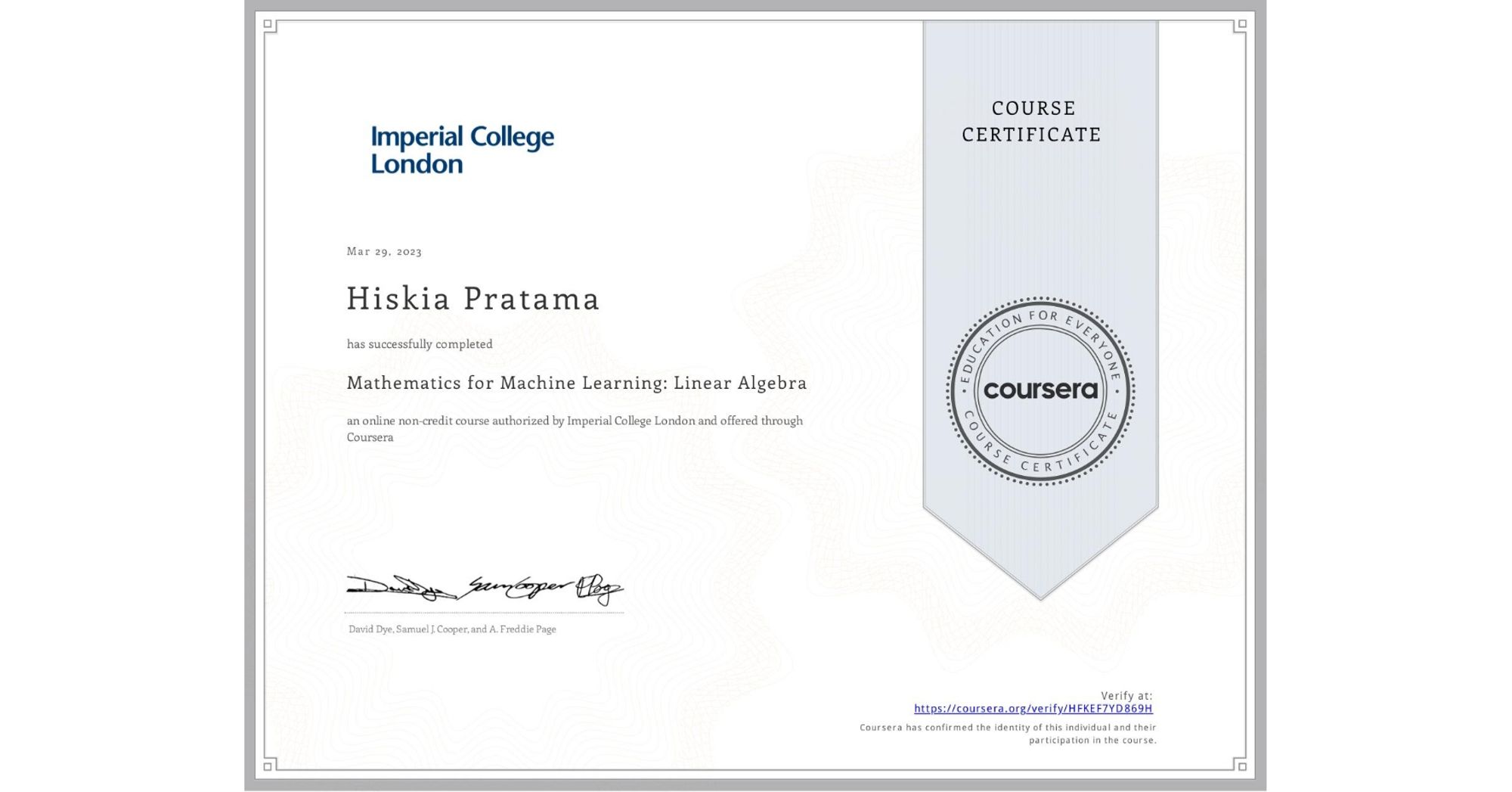 Completion Certificate for Mathematics for Machine Learning: Linear Algebra