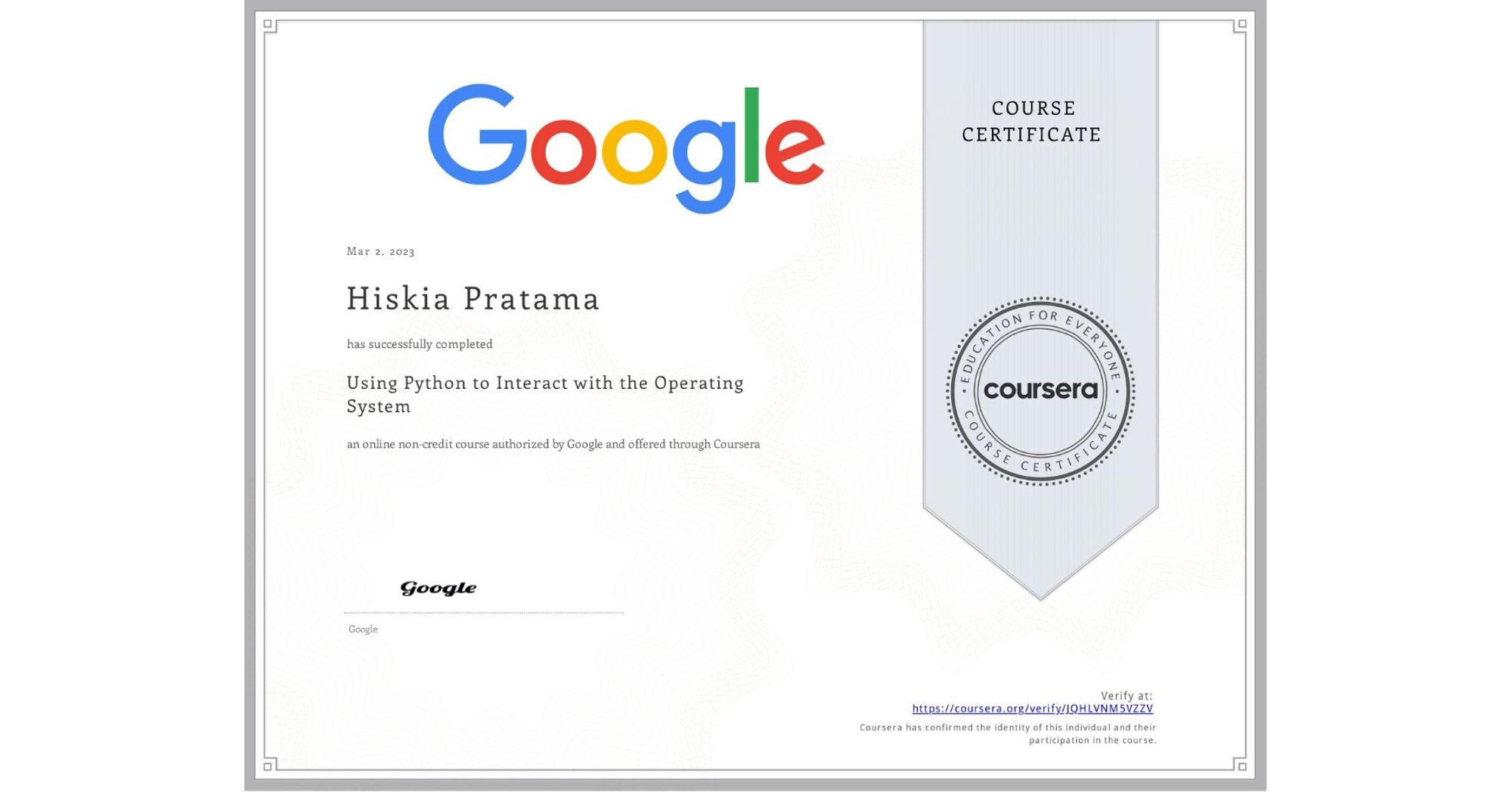 Completion Certificate for Using Python to Interact with the Operating System