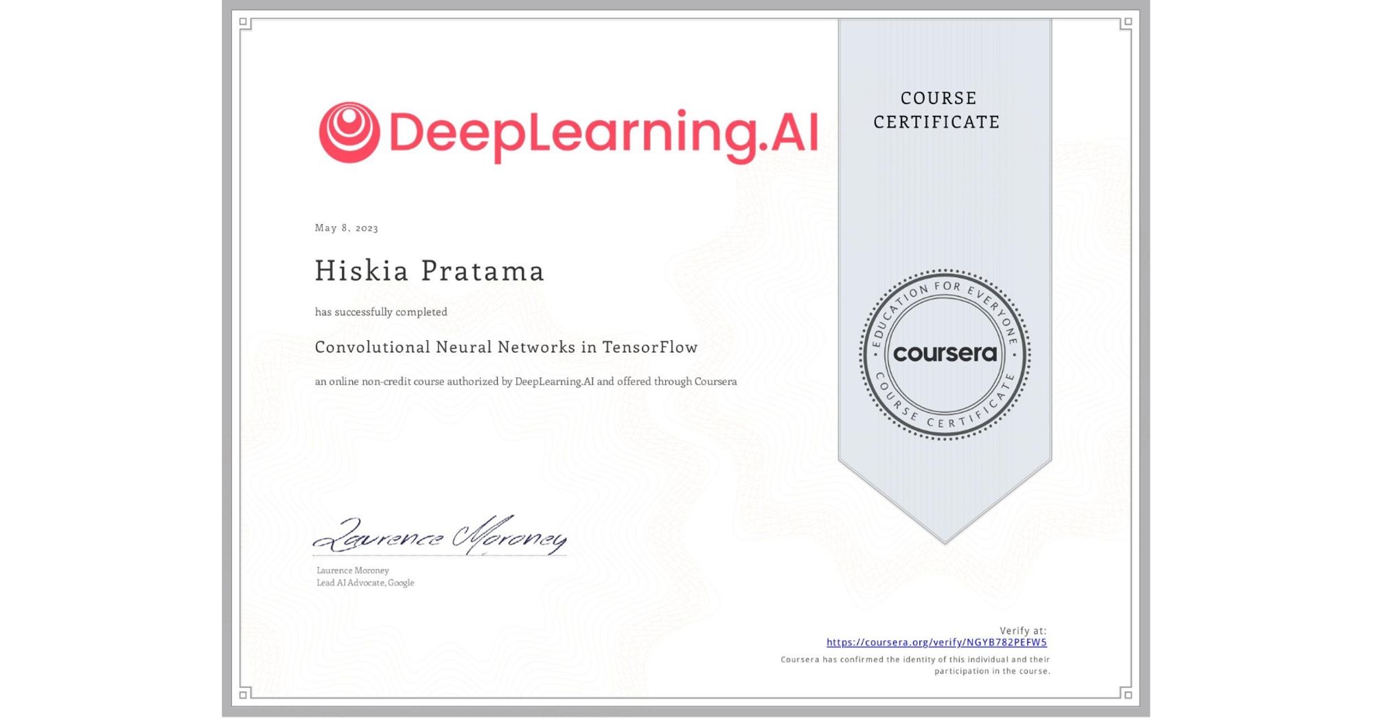 Completion Certificate for Convolutional Neural Networks in TensorFlow