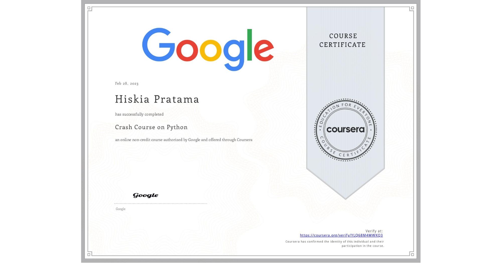 Completion Certificate for Crash Course on Python