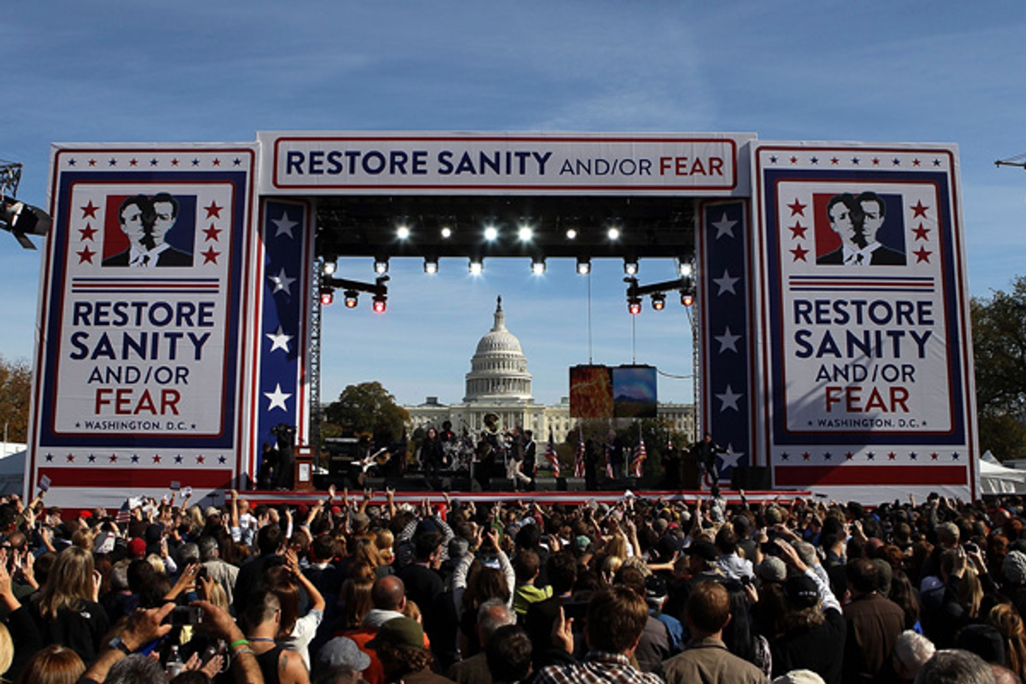 The Rally to Restore Sanity And/Or Fear built on and satirised all the visual and emotional conventions of the traditional political rally