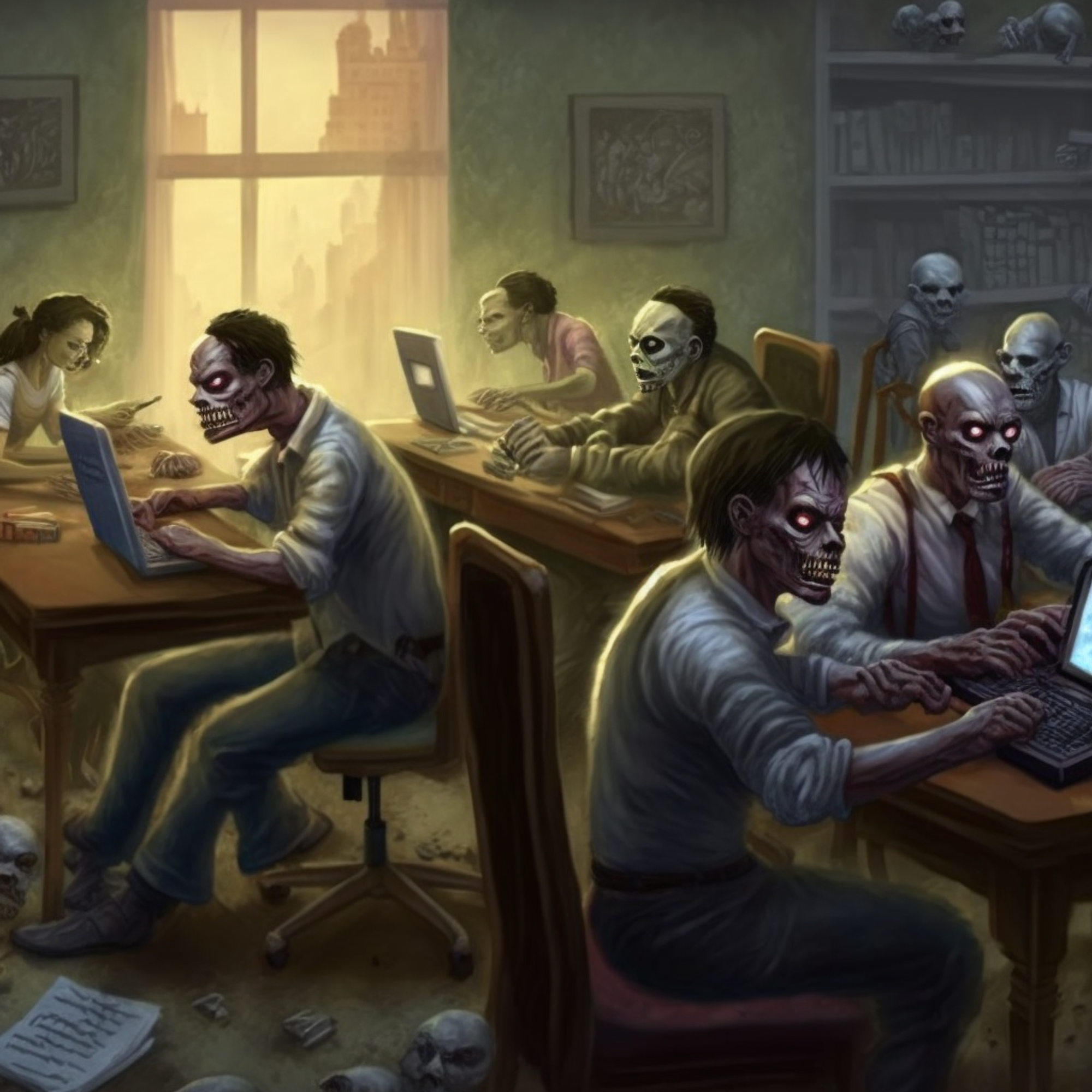 /imagine zombies working on laptops in a coworking space