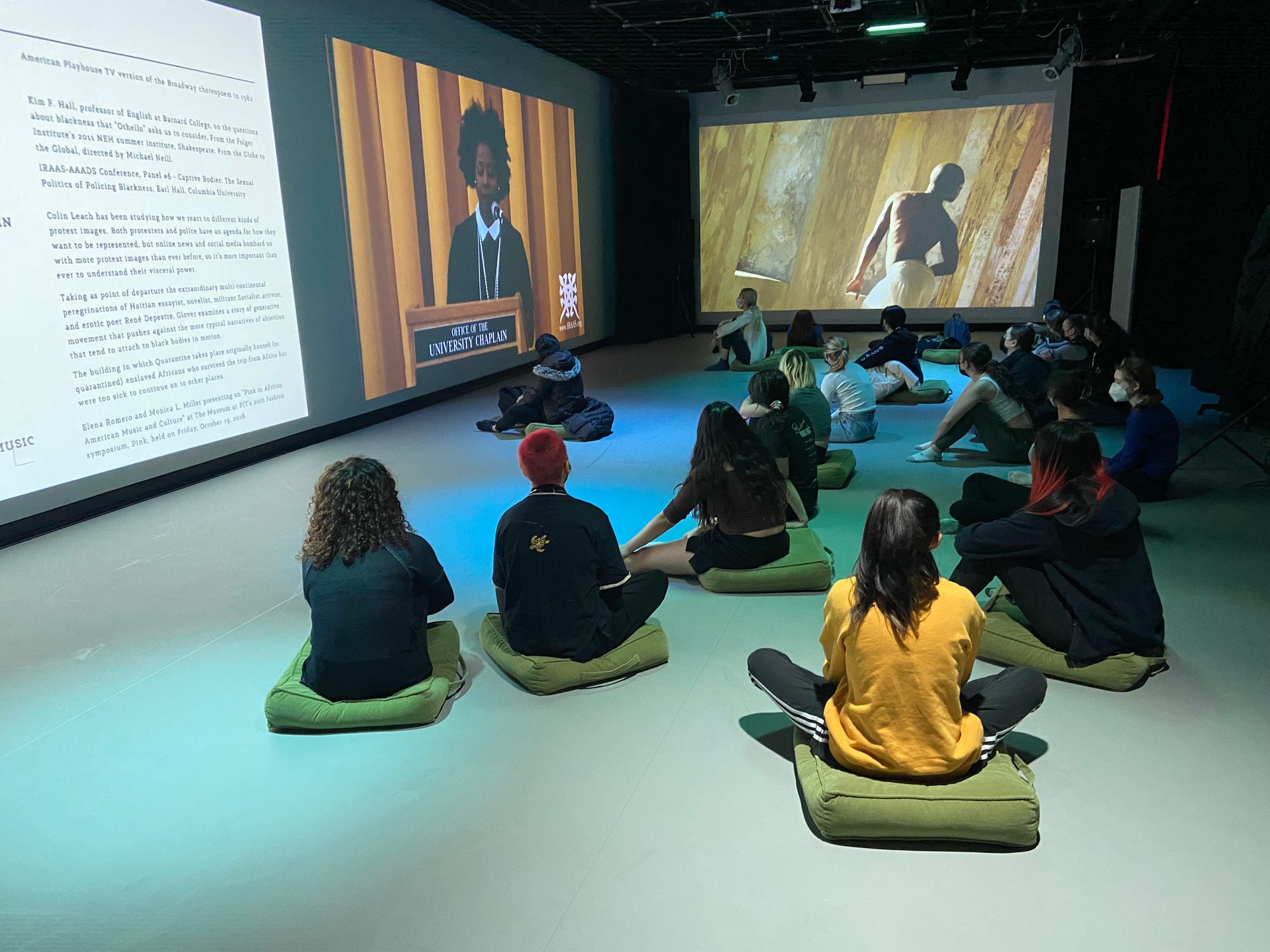 A group of over 20 students engages with the CBBF Movement Lab Installation. A lecture given by professor Mignon R. Moore plays alongside professor Gabri Christa’s dance film, 