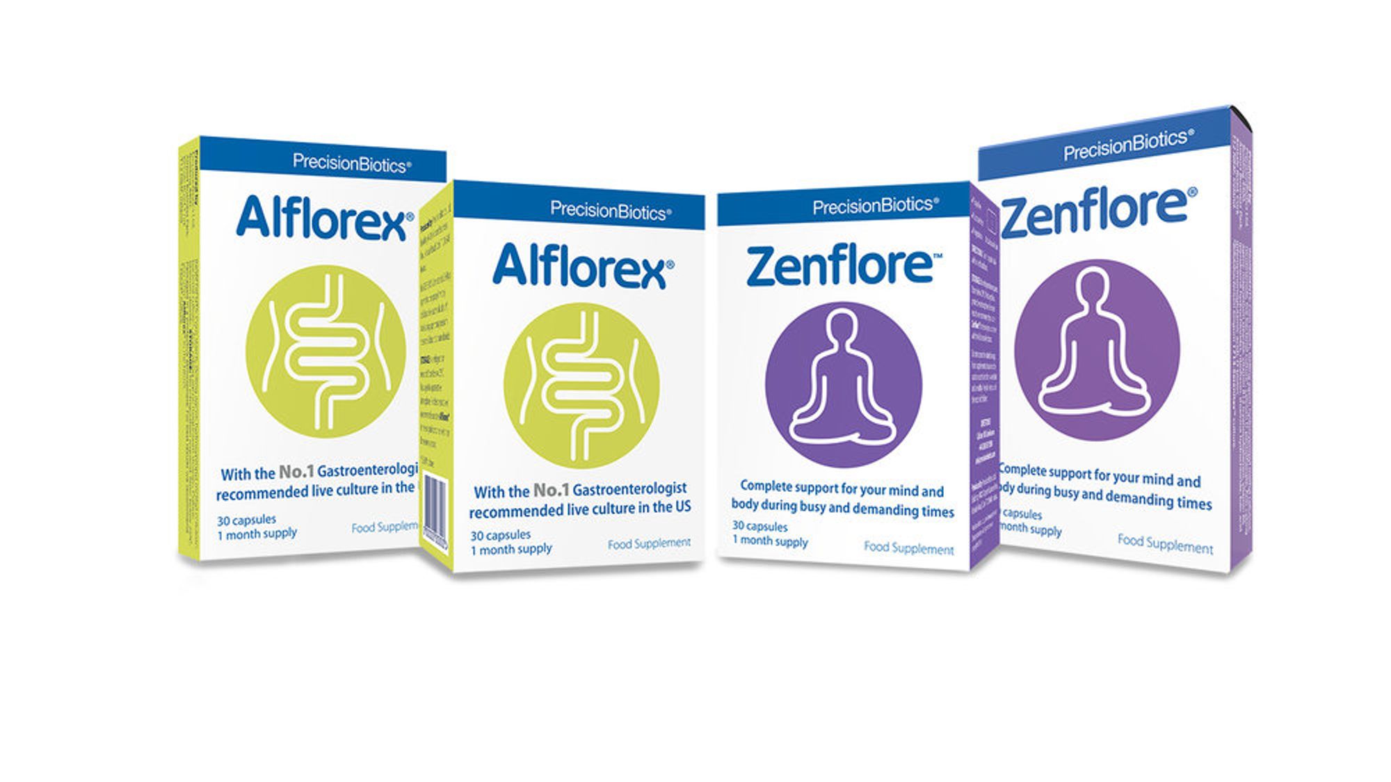 Figure 11: Alflorex and Zenflore’s old product packing. It’s Alflorex’s is white, blue and green, shows the shape of a stomach and intestines and says “with the No. 1 Gastroenterologist recommended live culture in the US”. Zenflore’s is white, blue and purple, shows the shape of a person sitting in lotus pose and says “complete support for your mind and body during busy and demanding times.”