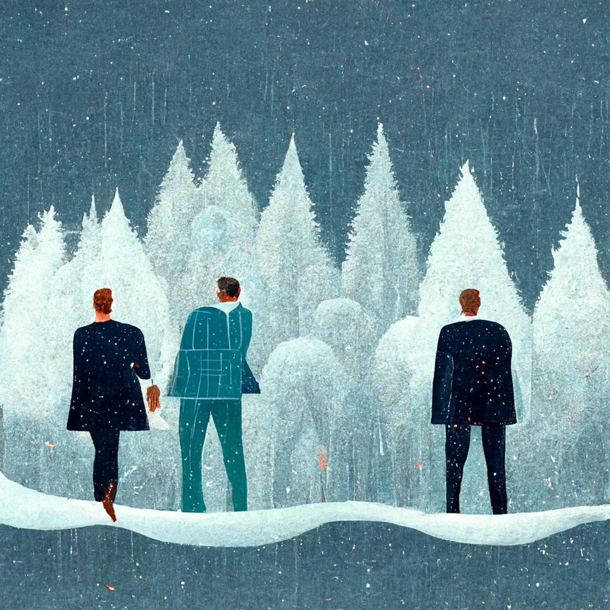 imagine an ultrarealistic illustration of three venture capitalists, made up of two men and one woman, with snow falling on them, with a winter forest background