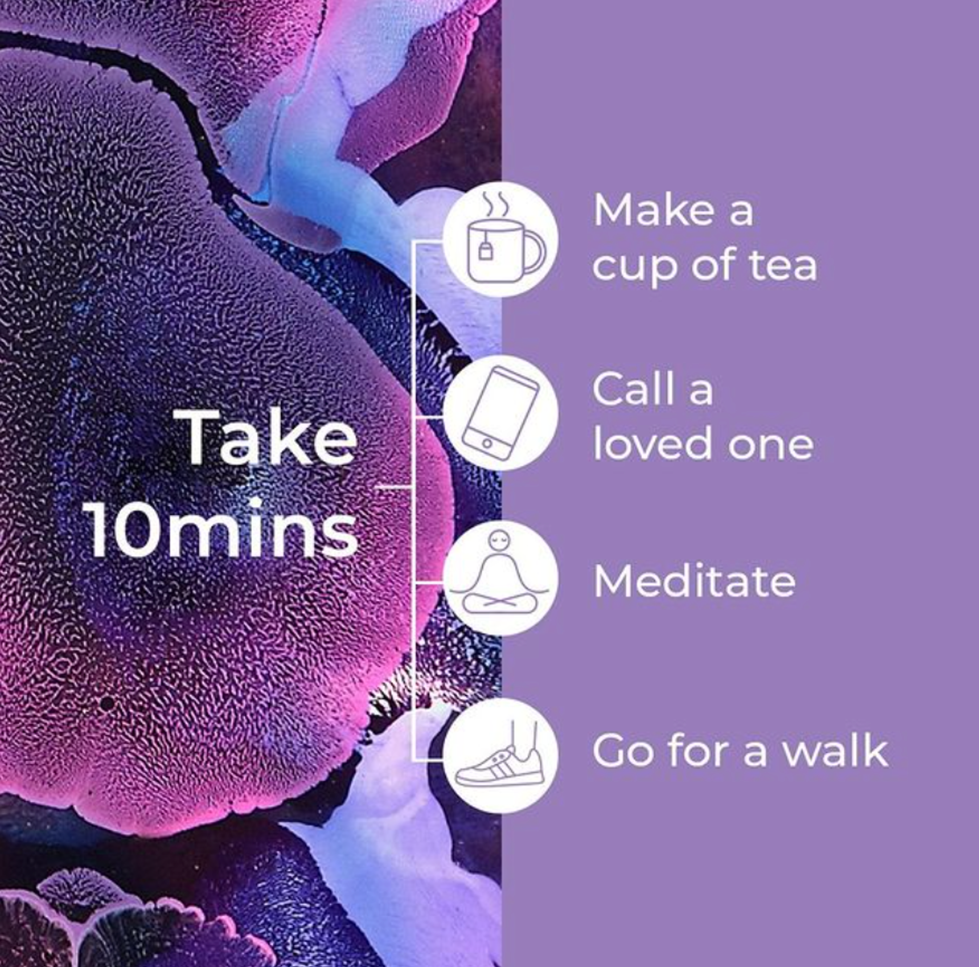 Figure 13: A new Instagram post from PrecisionBiotics. It has a funky looking purple pattern beside a strip of Zenflore’s brand purple colour. It says “Take 10 mins - make a cup of tea, call a loved one, meditate, go for a walk.”