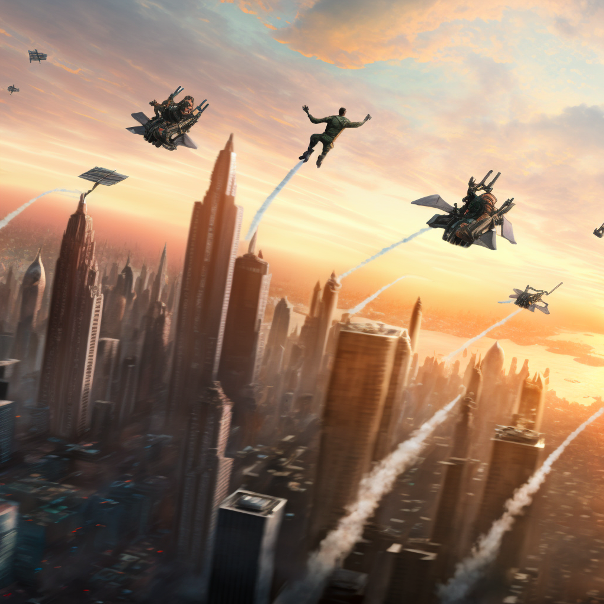 /imagine a highly detailed, cinematic, ultrarealistic picture of several people flying on jetpacks away from a city skyline